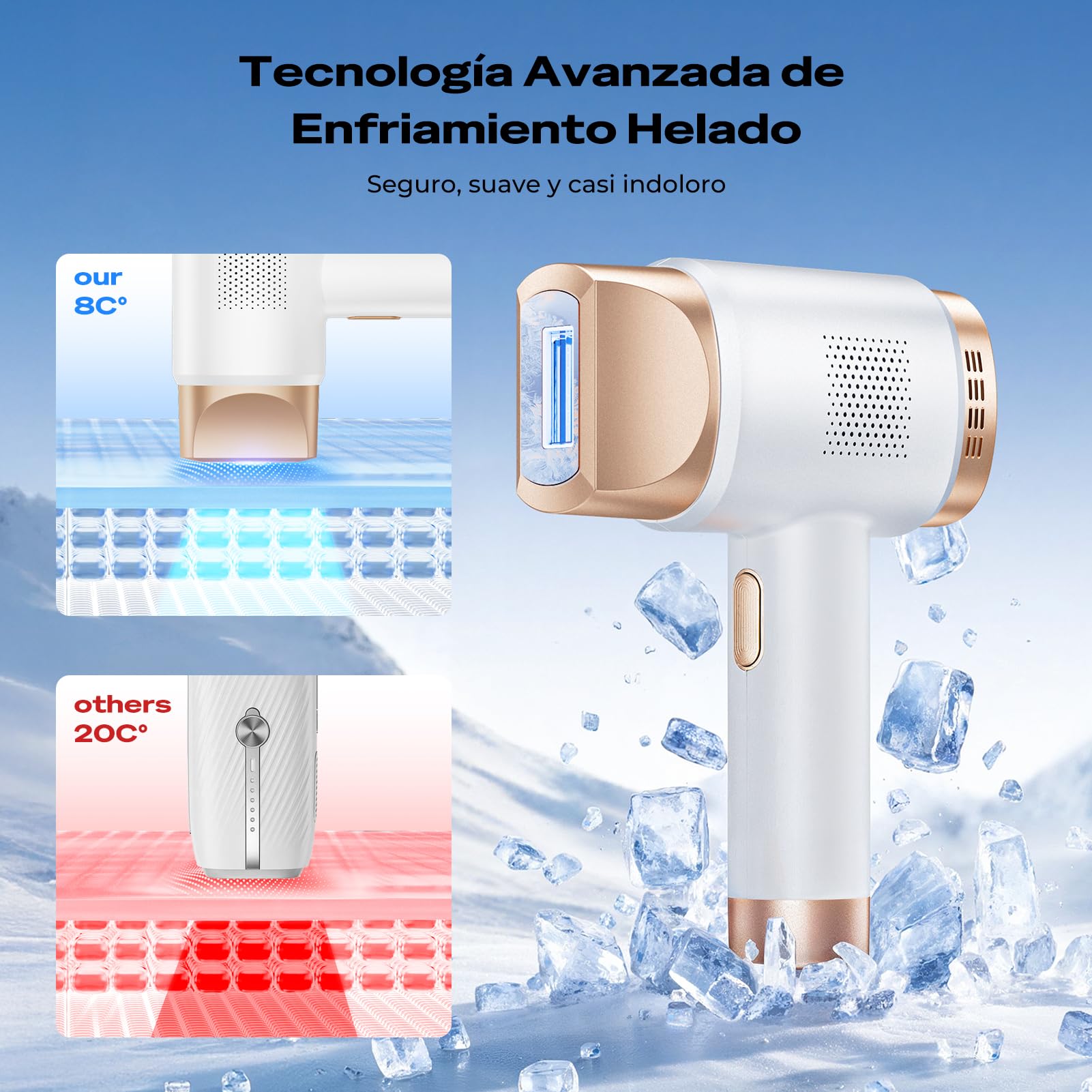 21J Depiladora Laser con Función de Refrigeración, Depiladora Luz Pulsada con 600-1200NM Luz Roja,9 Niveles de Energía, Pantalla Táctil LCD para Mujer y Hombre, Bikini, Axilas, Cara, Cuerpo