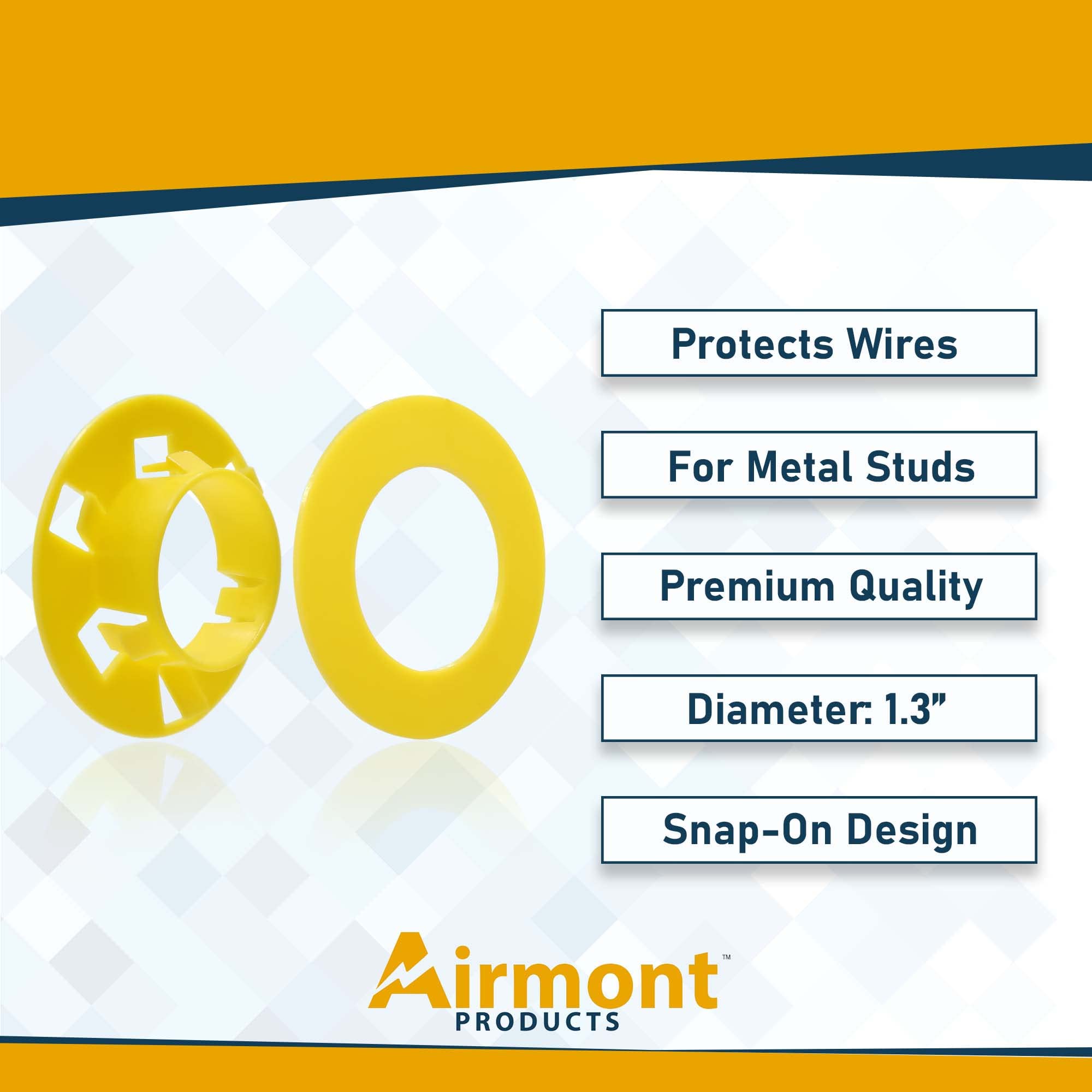 (25 Pack) Airmont Products AP-12033 Plastic Bushings for Metal Stud, Yellow, 1.3-Inch Hole, Corrosion and Rust Resistant, Protect Wire Insulation from Sharp Metal Edges, Enables Smooth Wire Pulling
