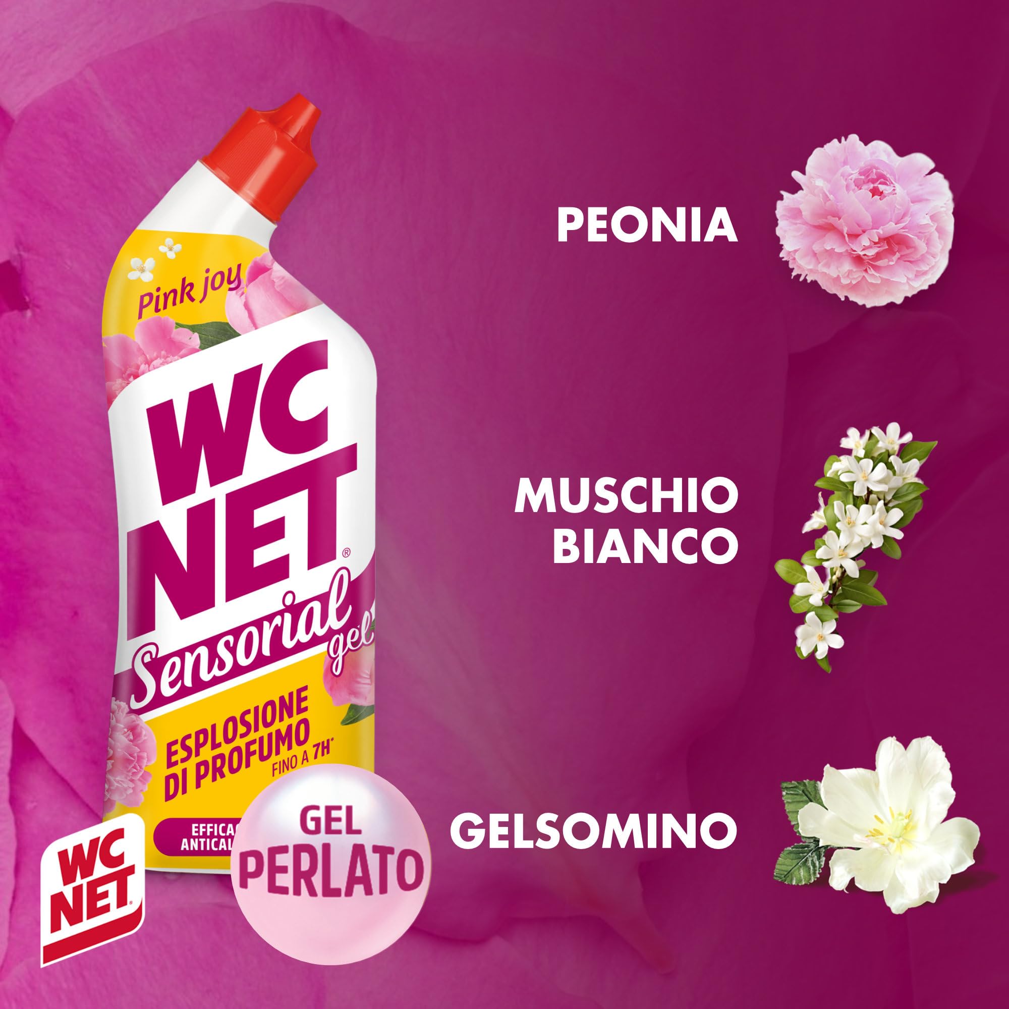 Wc Net Gel Sensorial Pink Joy, Peonia e Muschio Bianco, 700 ml x 12 | Igienizza il WC e previene il calcare, formula in gel con effetto perlato, pulito profondo e profumo a ogni scarico