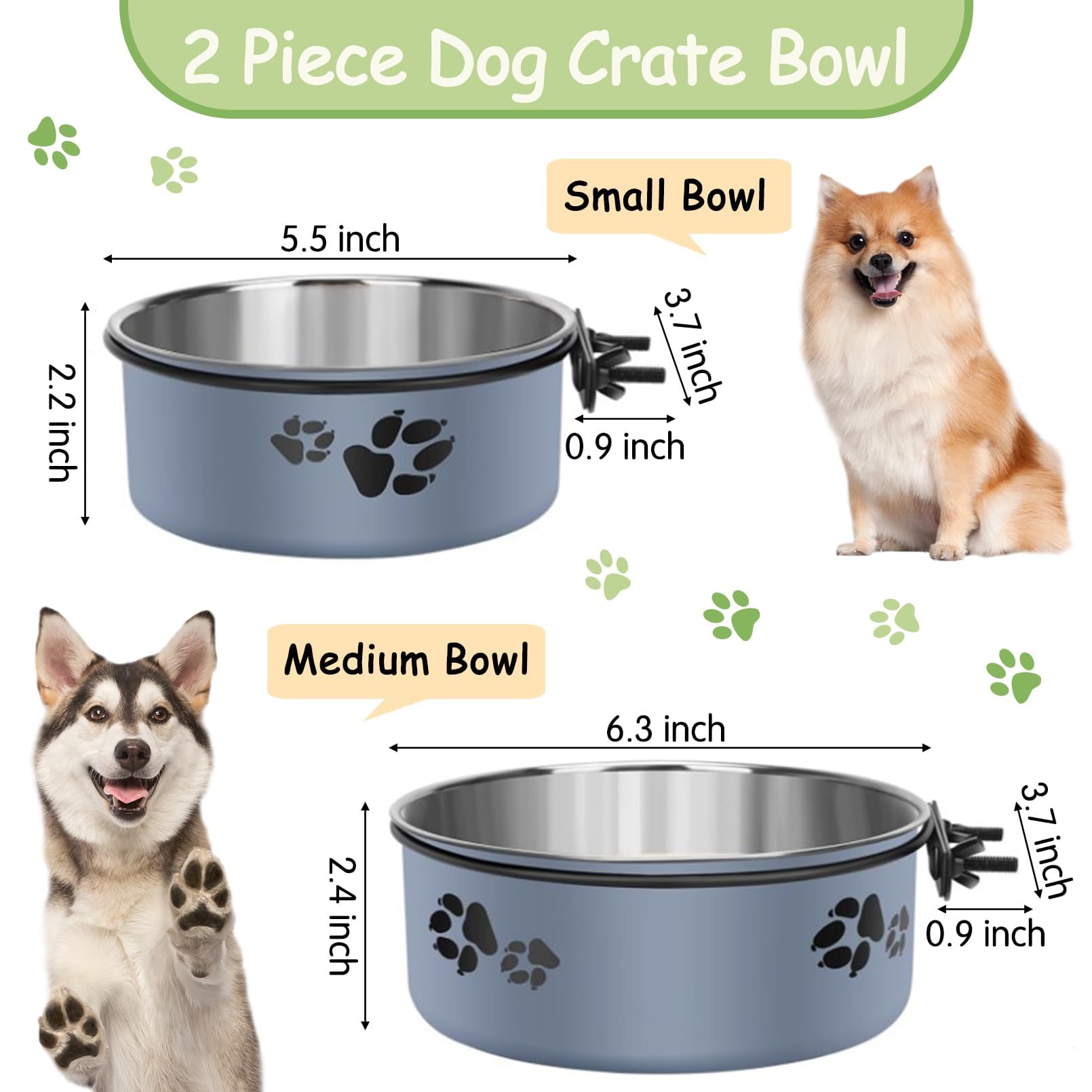kathson 2 Pcs Dog Kennel Water Bowl, Stainless Steel Crate Water Bowl No Spill, Hanging Metal Pet Food Water Bowl Feeder for Cats Small Medium Dogs (Gray)