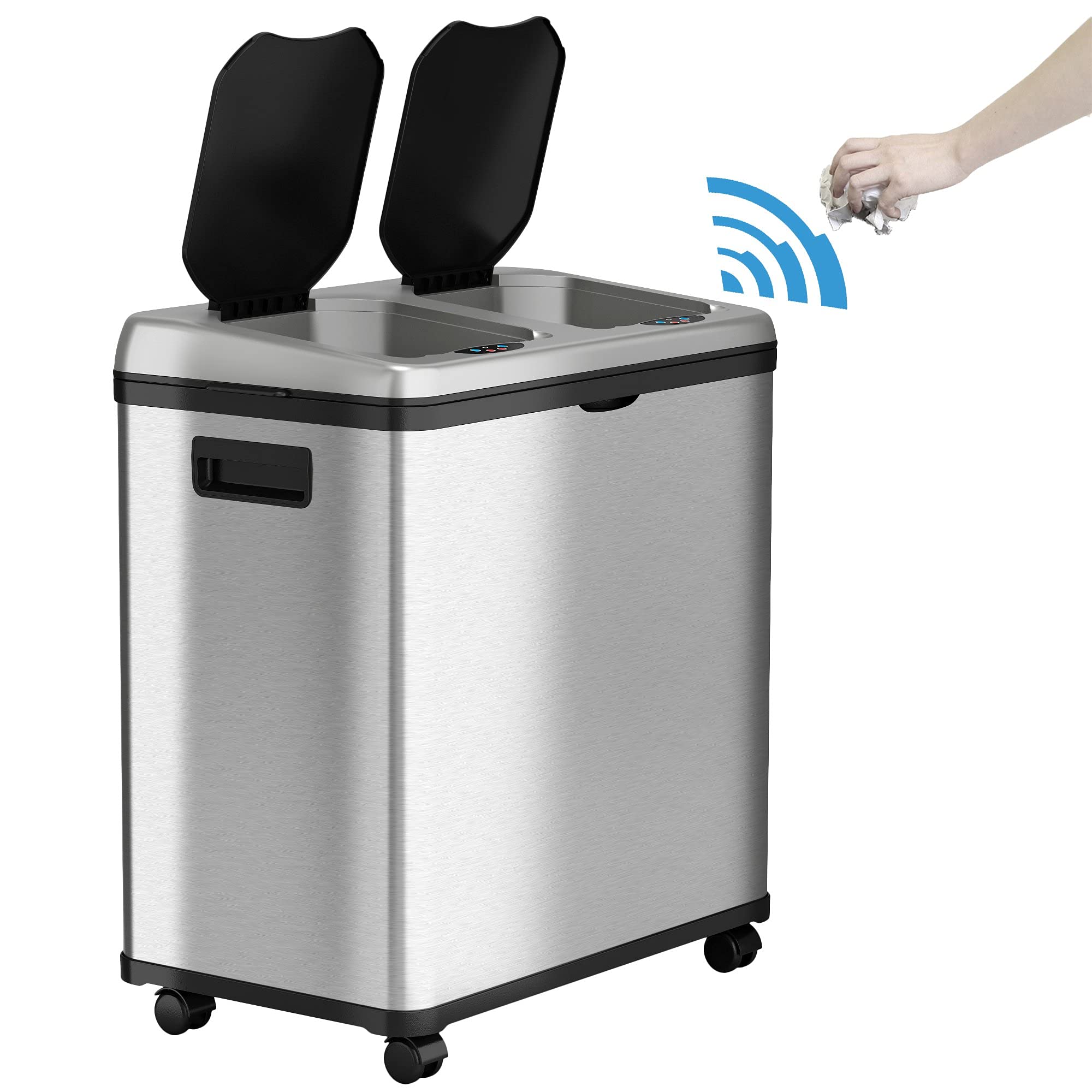 iTouchless 16 Gallon Touchless Sensor Trash Can/ Recycle Bin with Wheels, 60 Liter Stainless Steel Dual-Compartment (2 x 8 Gallon) Kitchen Recycling and Garbage Trashcan