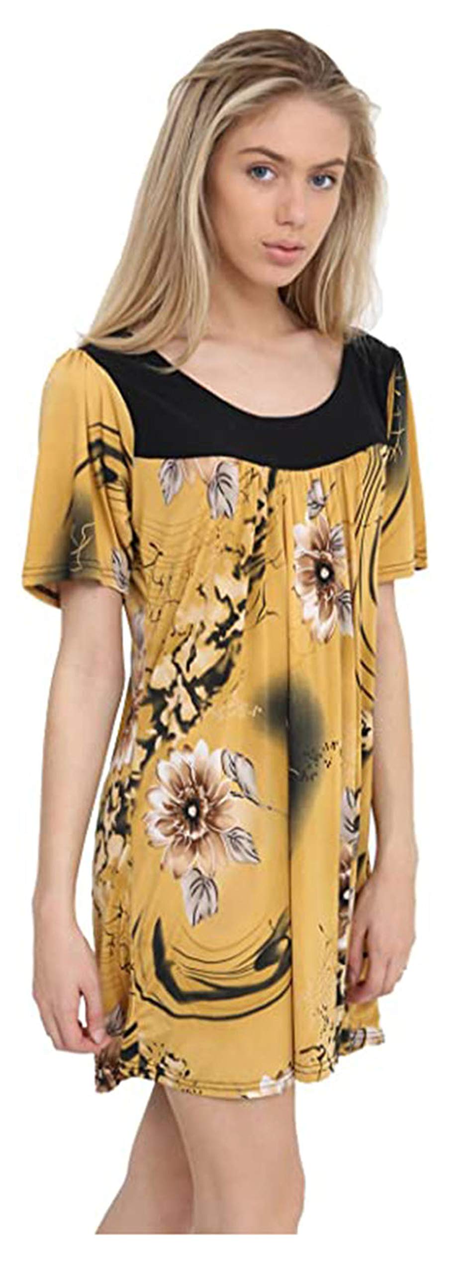 Wearall Women's Camel Floral Floral Print Short Sleeves Stretch Round Scoop Neckline Long Smock Tunic T-Shirt Top Plus Size 20