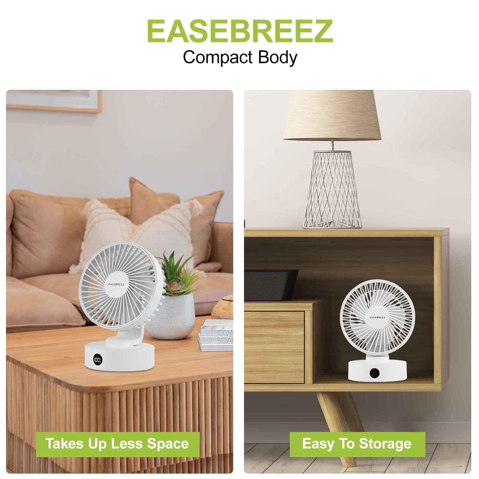 Ventilatore da tavolo, ventola piccola Funzionamento silenzioso, ventola USB leggera, ricarica tramite porta USB, display a LED, 5 impostazioni di velocità, inclinazione regolabile, bianco