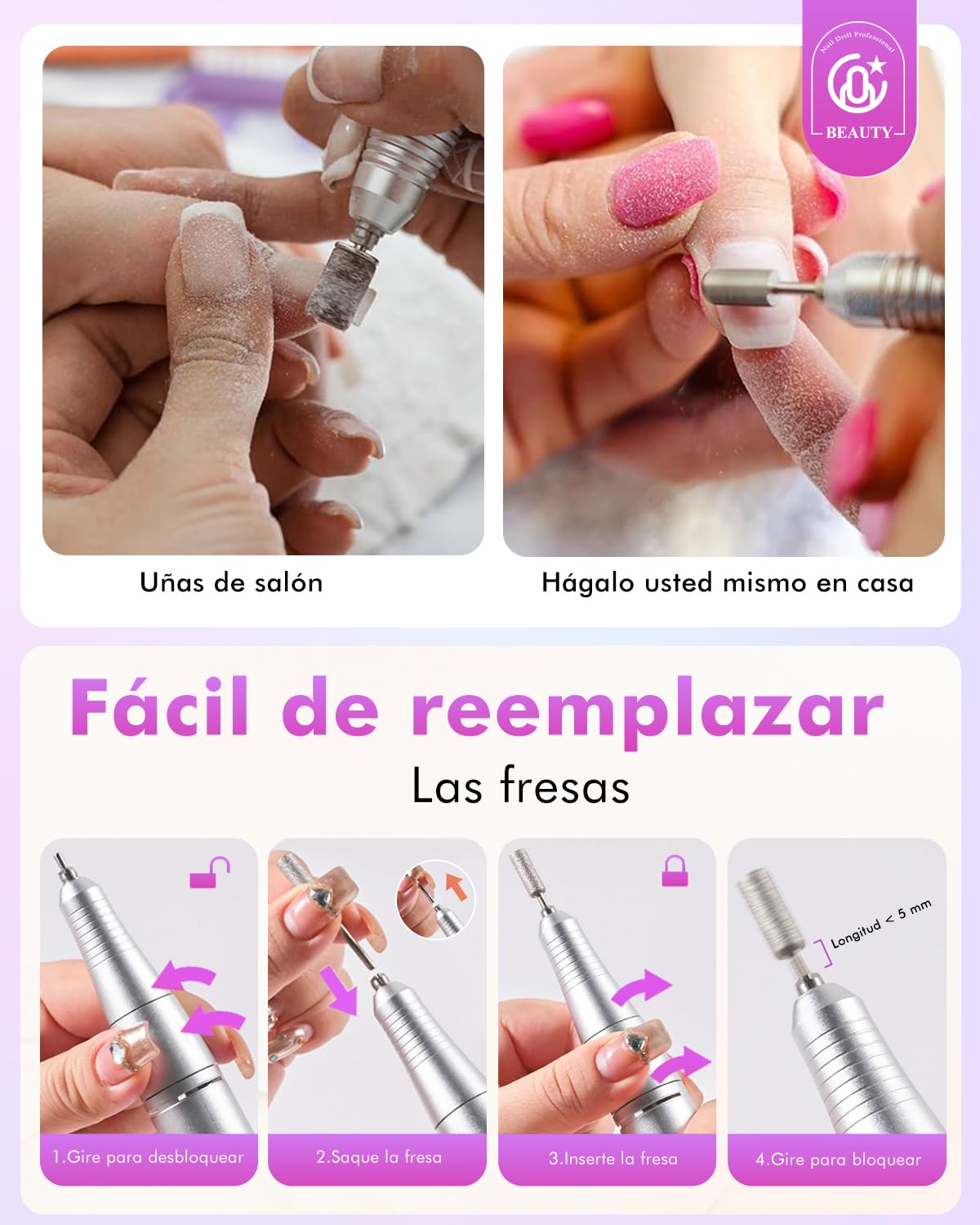 CozyZen Torno de uñas inalámbrico profesional: kit de lima de uñas eléctrica recargable de 45000 RPM, portátil y silencioso para uñas acrílicas, uñas de gel, manicura y pedicura - uso en salón y en