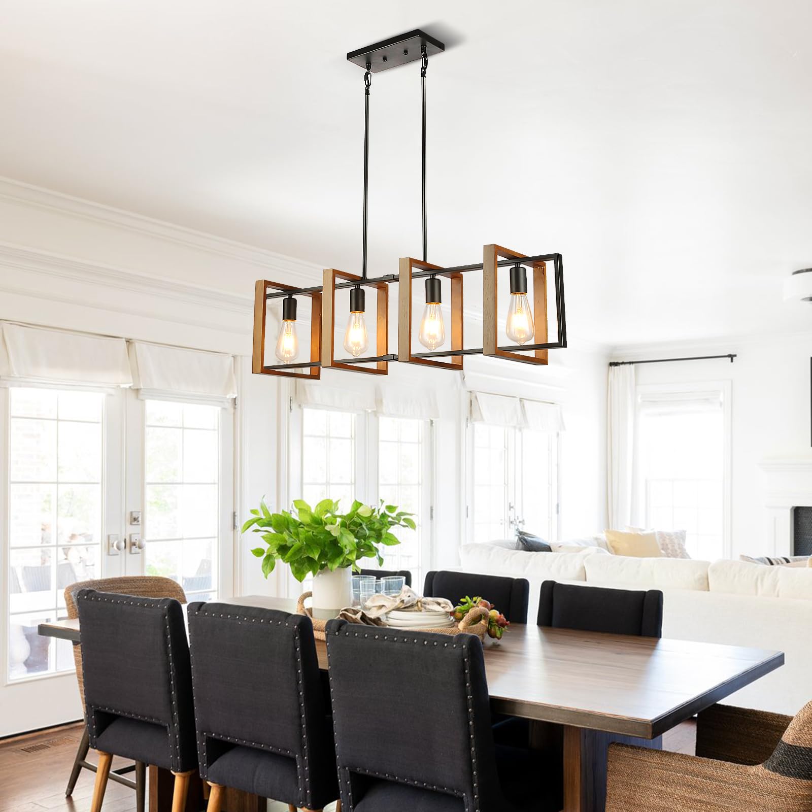 Illuminazione dell'isola della cucina della luce nera, legno e metallo lampade da tavolo da biliardo Lampadari Lampada da soffitto, altezza regolabile delle luci della camera da letto soffitto