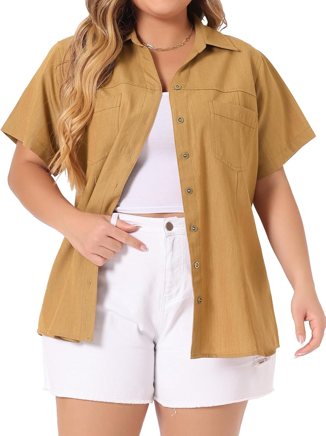 Agnes Orinda Plus Size Denim Shirts for Women Short Sleeve Chambray Button Down Shirts Casual Shirt