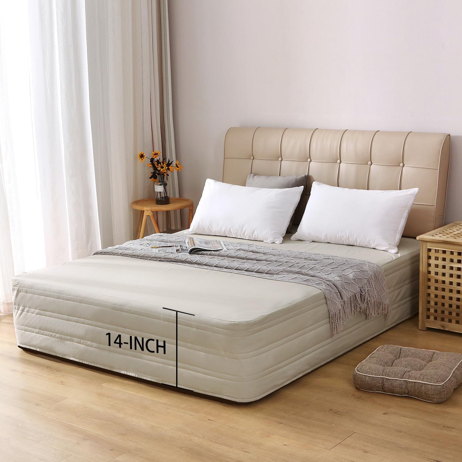 Marquess Quilted Bed Skirt, Queen Size, 14 Inch Drop, Dust Ruffle, Soft & Wrinkle-Free, Elegant Tailored Bedding,Light Khaki,Queen