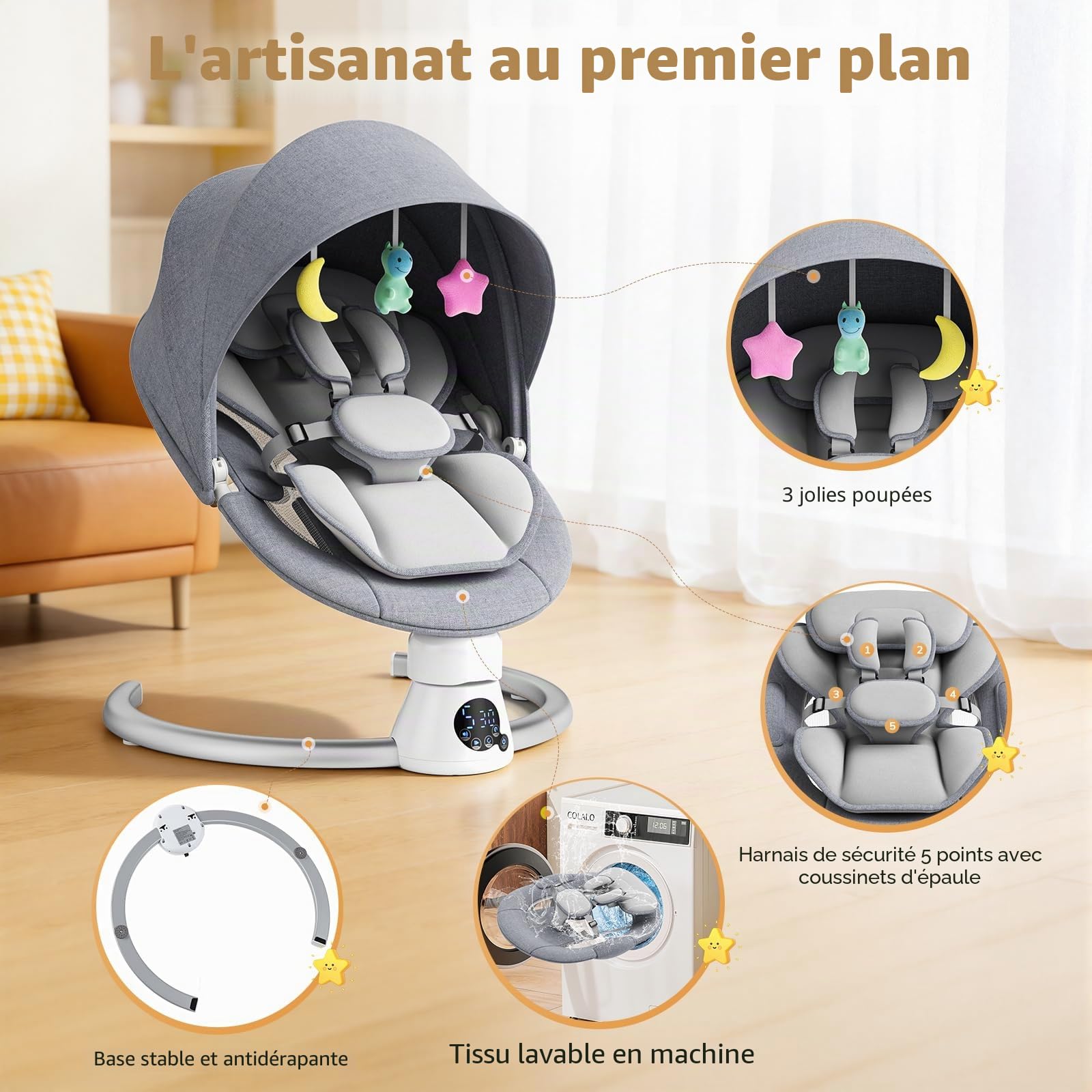 Transat Bébé Électrique avec Dossier Réglable sur 2 Niveaux – Application et Télécommande Balançoire Électrique pour Bébé, 12 Musiques et Prise en Charge Bluetooth, 2 Options D'alimentation (Gris)