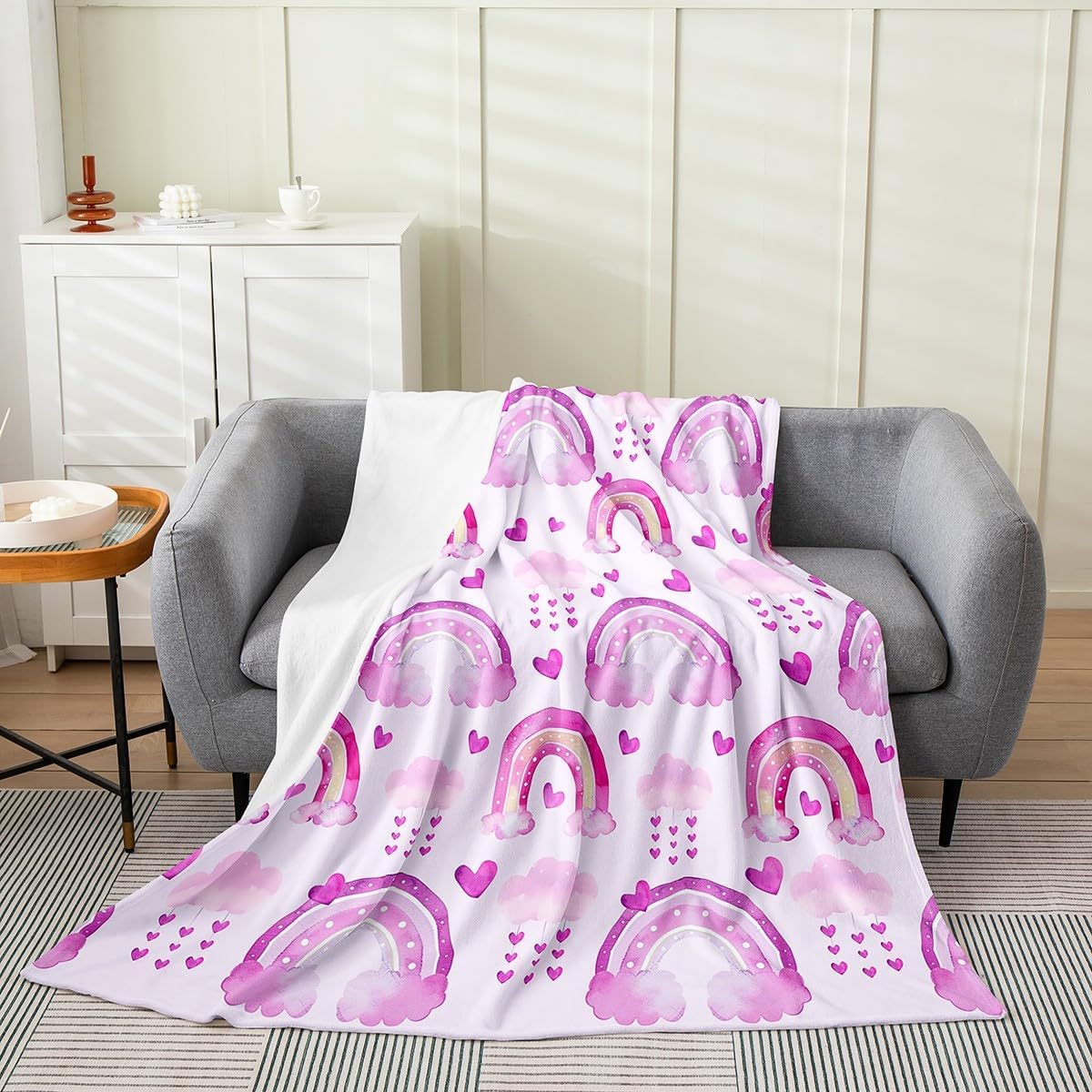 Cute Rainbow Fleece Blanket,Watercolor Purple Rainbow Sky Clouds Paint Bed Blanket for Kids Teens,Romantic Love Hearts Cartoon Flannel Blanket for Room Decor,Queen 90"x90"