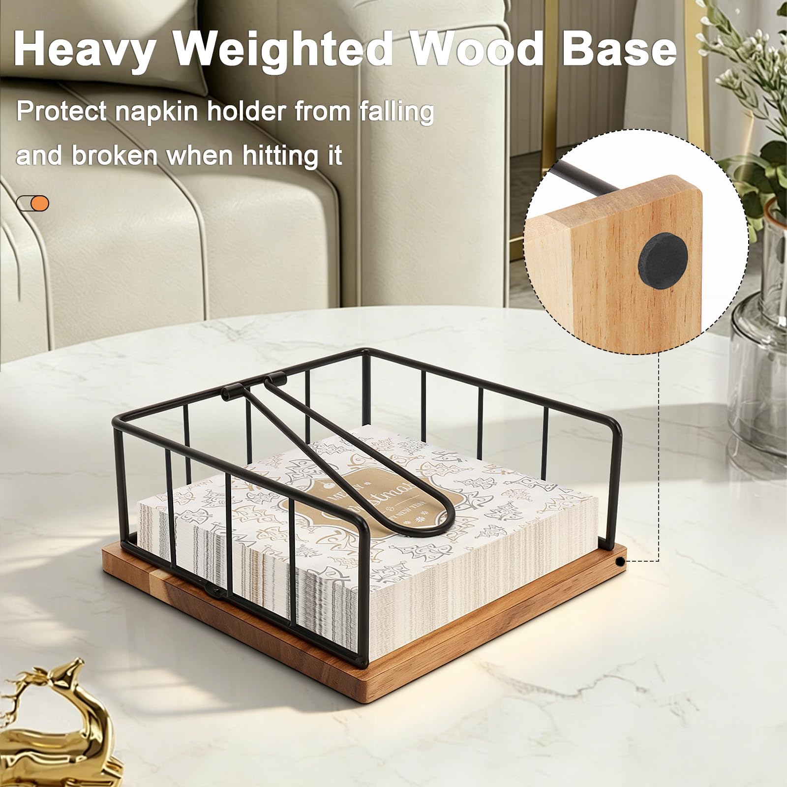 Livabber Servilletero plano, almacenamiento de servilletas de cocina de metal con brazo de tensión ponderado, dispensador de papel de seda rústico para encimera, mesa de cocina, comedor (con base de