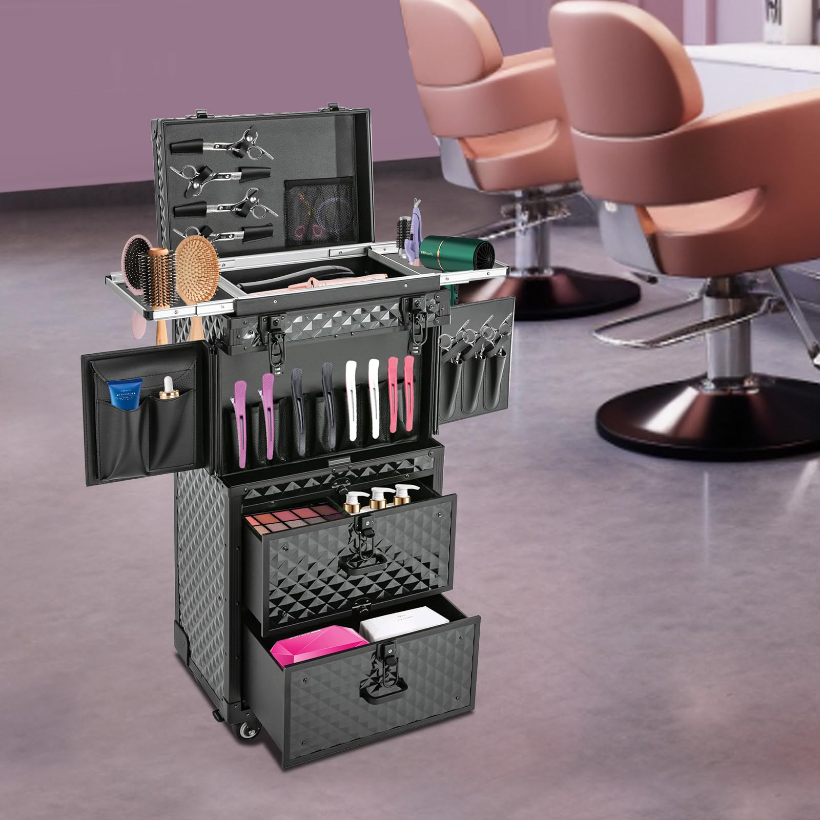 Mallette de maquillage professionnelle avec 4 roulettes - Valise à roulettes - En aluminium - Pour voyage, coiffure, maquilleur - Noir, Noir , Moderne