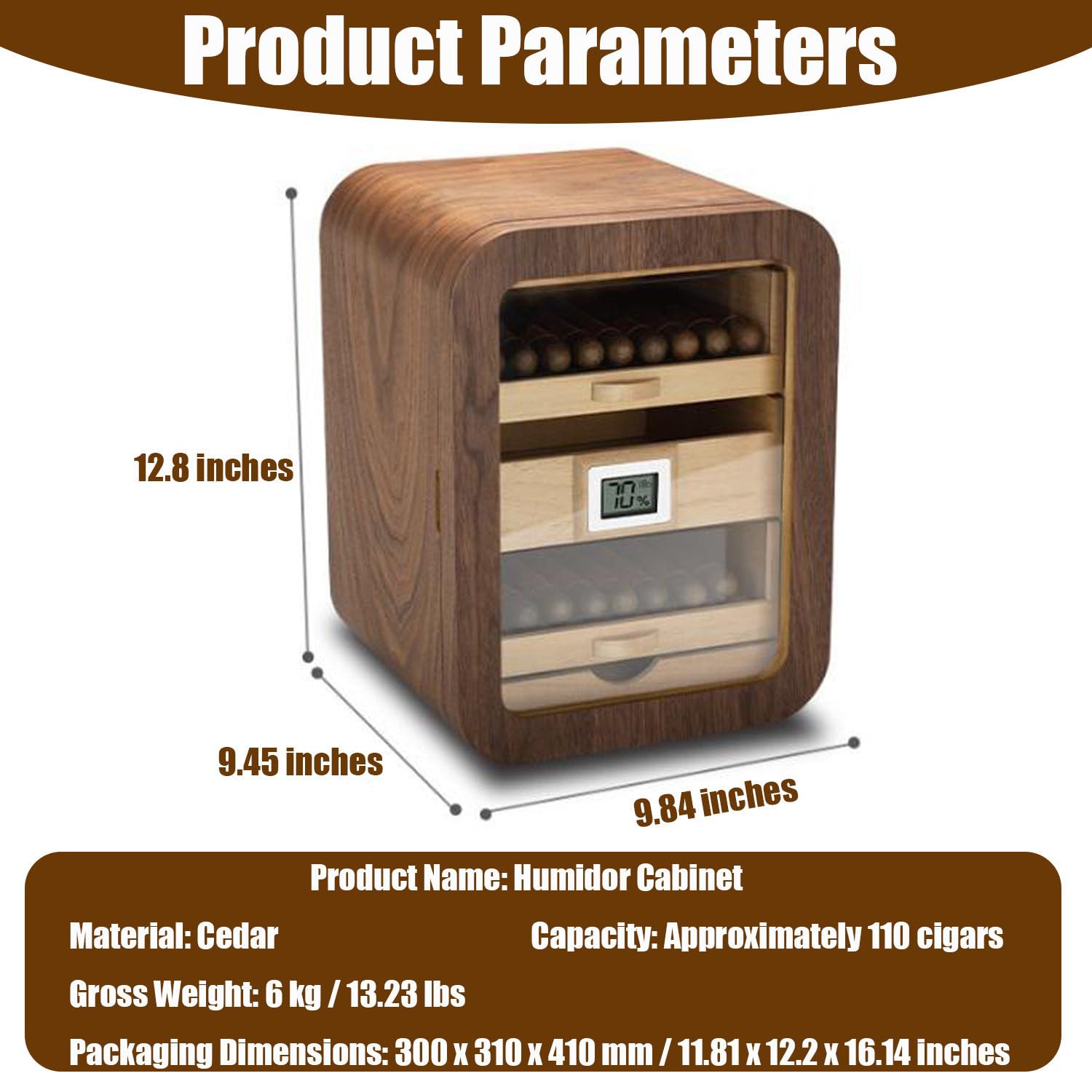 Zigarrenhumidor aus Zedernholz, elektrischer Zigarrenschrank mit digitalem Hygrometer, geräuschloser, konstanter Humidor mit 110 Fassungsvermögen, Zigarrenkühler-Humidor für Männer C(withsunroof)