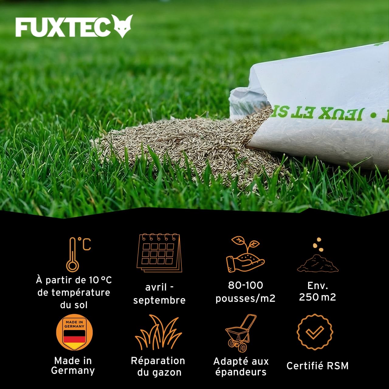 FUXTEC FX-RSSP5 Graines de pelouse, gazon de jardin robuste pour semis neuf et ultérieur, grande capacité de germination, croissance dense, résistante et résistante à l'écrasement, 5 kg pour env. 250
