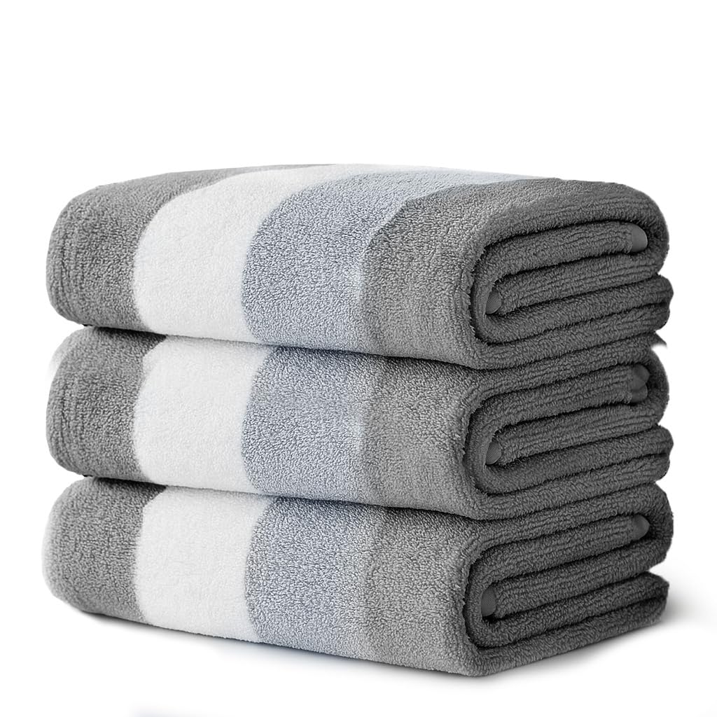 Velosso 3 Pack 100% Cotton Striped Multi Supreme Cotton Towels Hand Bath Towel, Quick-Dry, Soft Absorbent, Striped Design Hotel Spa, Fade Resistant (Grey, Bath Towels)