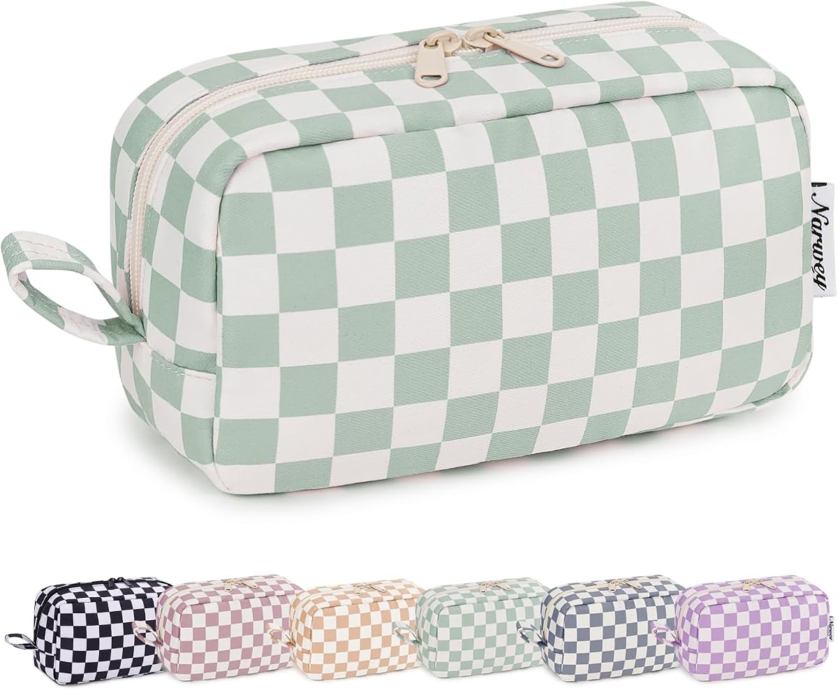 Checkered Makeup Bag, Travel Cosmetic Bag Organizer, Toiletry Bag Make Up Bags with Comparments for Women and Girls, Gift for Teen Girls (Mint Green Checkerboard, Large)