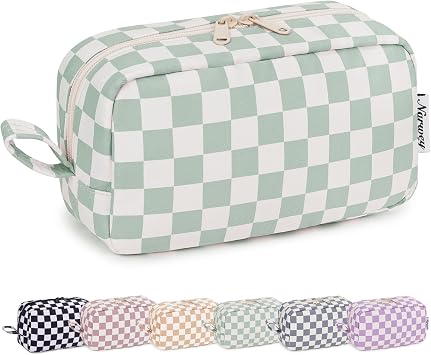 Narwey Checkered Makeup Bag, Travel Cosmetic Bag Organizer, Toiletry Bag Make Up Bags with Comparments for Women and Girls, Gift for Teen Girls Mint Green Checkerboard, Large