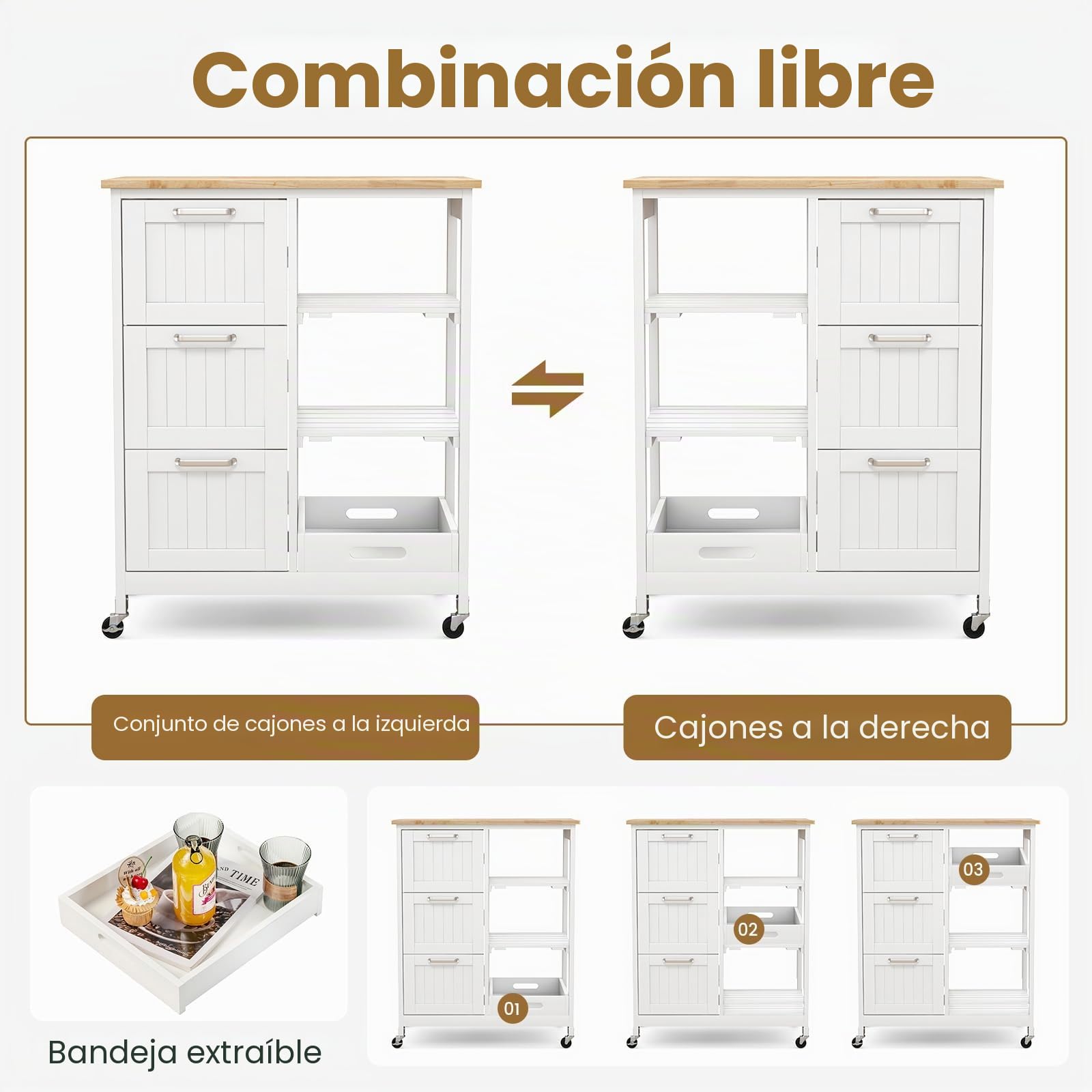 GIANTEX Carro de Cocina con 4 Ruedas, 3 Cajones, 3 Estantes Abiertos y Tapa de Madera de Caucho, Isla de Cocina Móvil con Bandeja Desmontable, 67 x 37 x 83,5 cm (Blanco)