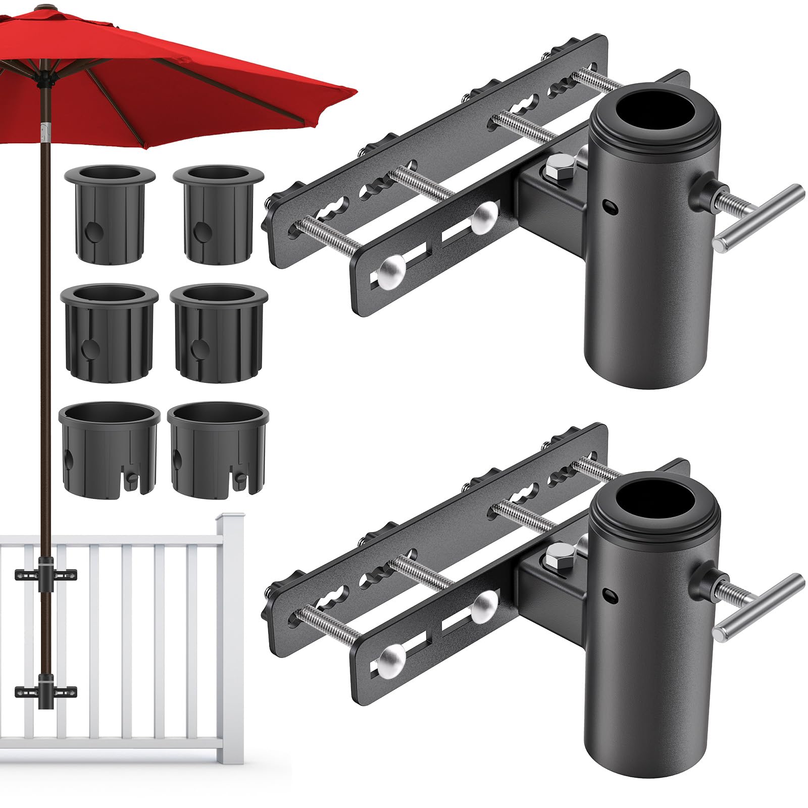 Dolibest Supports de Parasol Terrasse,2pcs Pince Parasol pour Balcon Umbrella Holder Tube Kit Fixation Jardin Arrière-Cour Gain de Place avec Manchon 3 Tailles pour Poteau 3-5cm,Rambarde Max 6.6x6.1cm