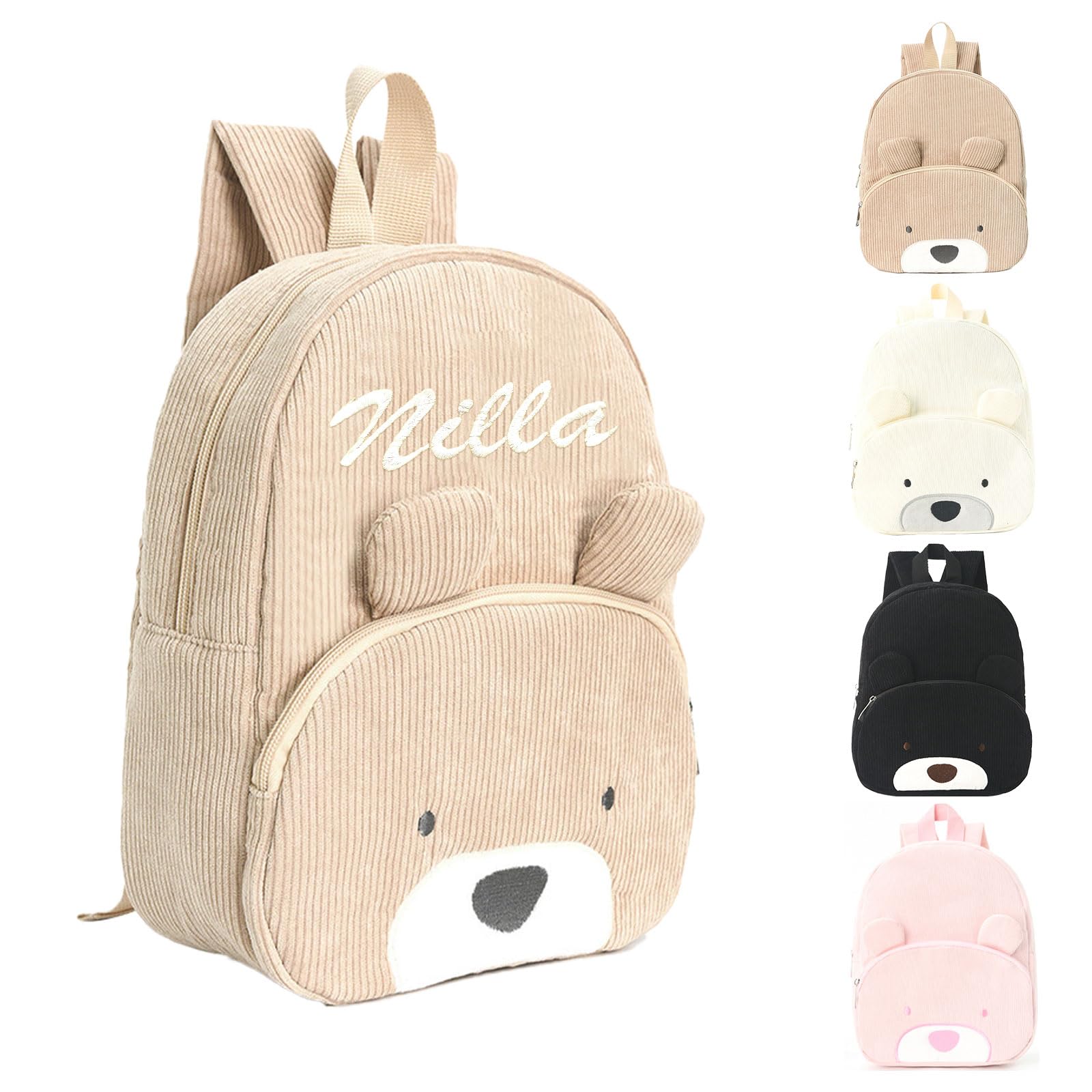 CustomPersonalised Mini Toddler Backpack for Girl & Boy, Embroidered Name Children's School Rucksack Corduroy, Cute Bear Kids Small School Bag Bookbag for Travel Kindergarten Elementary Preschool