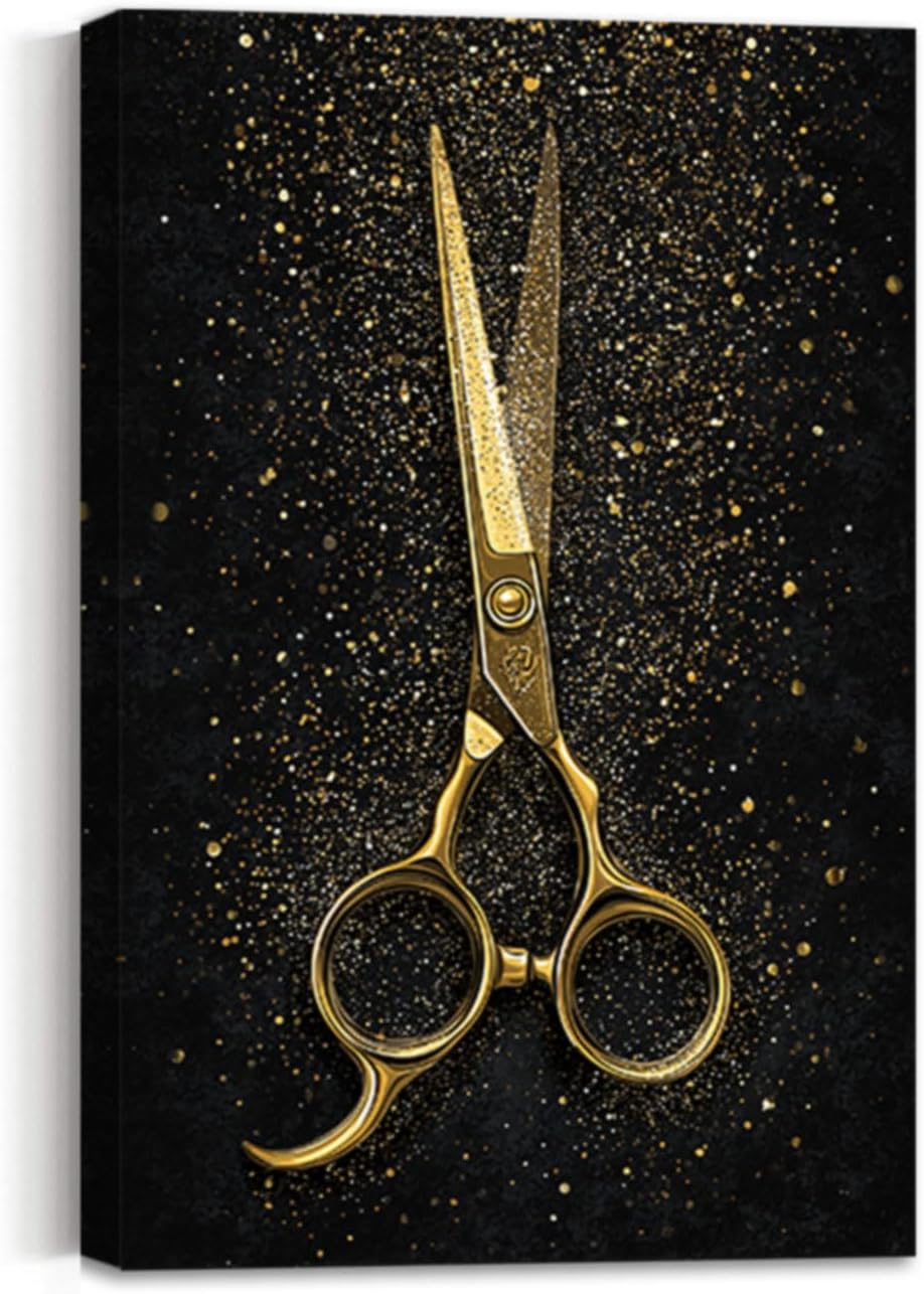 ZSHDEYMTOP Gold Hairdressing Scissors Wall Art Black and Gold Canvas Print Luxe Metallic Shears Pictures Modern Hairstylist Artwork for Salon Home Decor (Black, (36l x 24w))