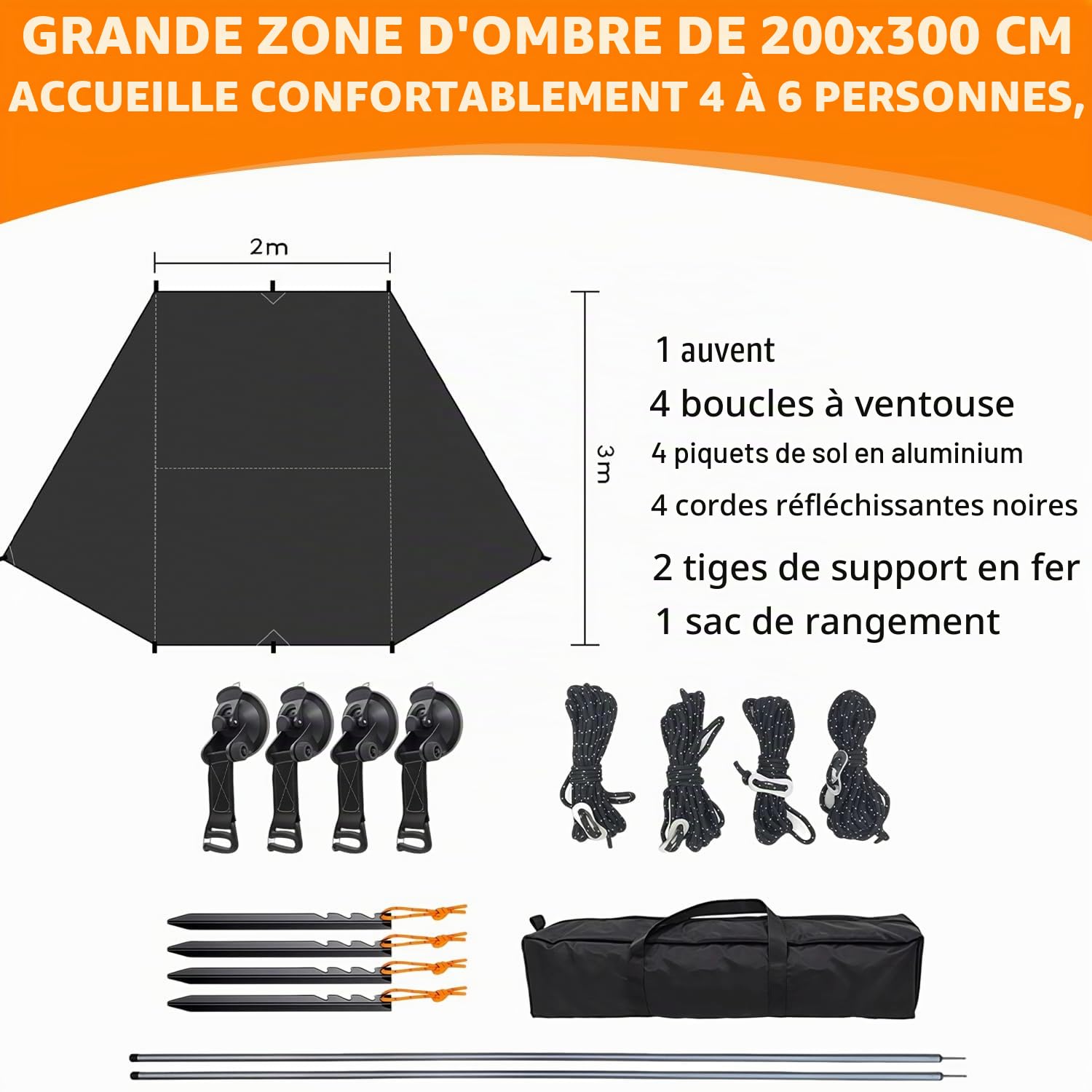Auvent Universel pour Voiture Voile d'ombrage étanche | camionnettes et camping-cars, montage par passepoil ou ventouse, gris Awning, 380 x 280 cm