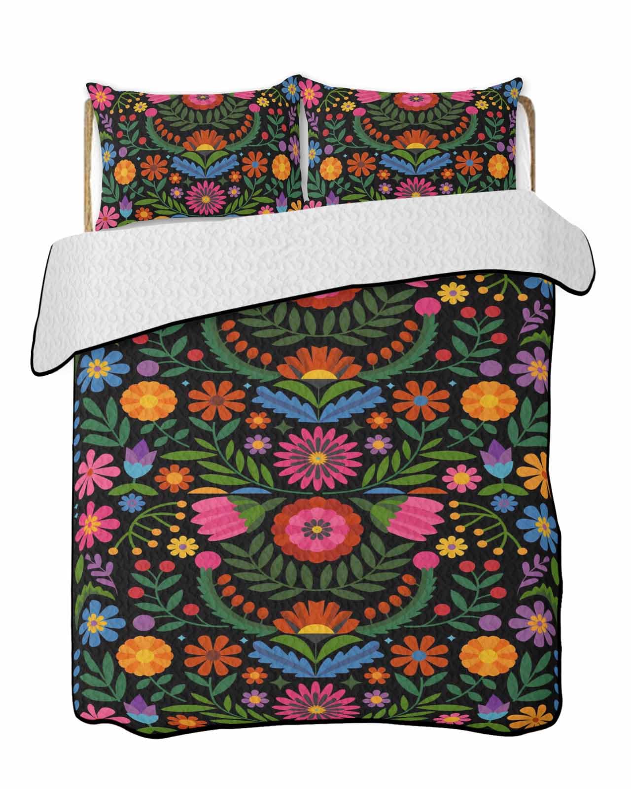 Reversible Down Alternative Comforter Quilted, Mexican Abstract Floral Leaf Duvet Insert Lightweight Soft Bedspread Throw Blankets Vintage Ethnic Pattern for All Seasons Bed Sofa Decor