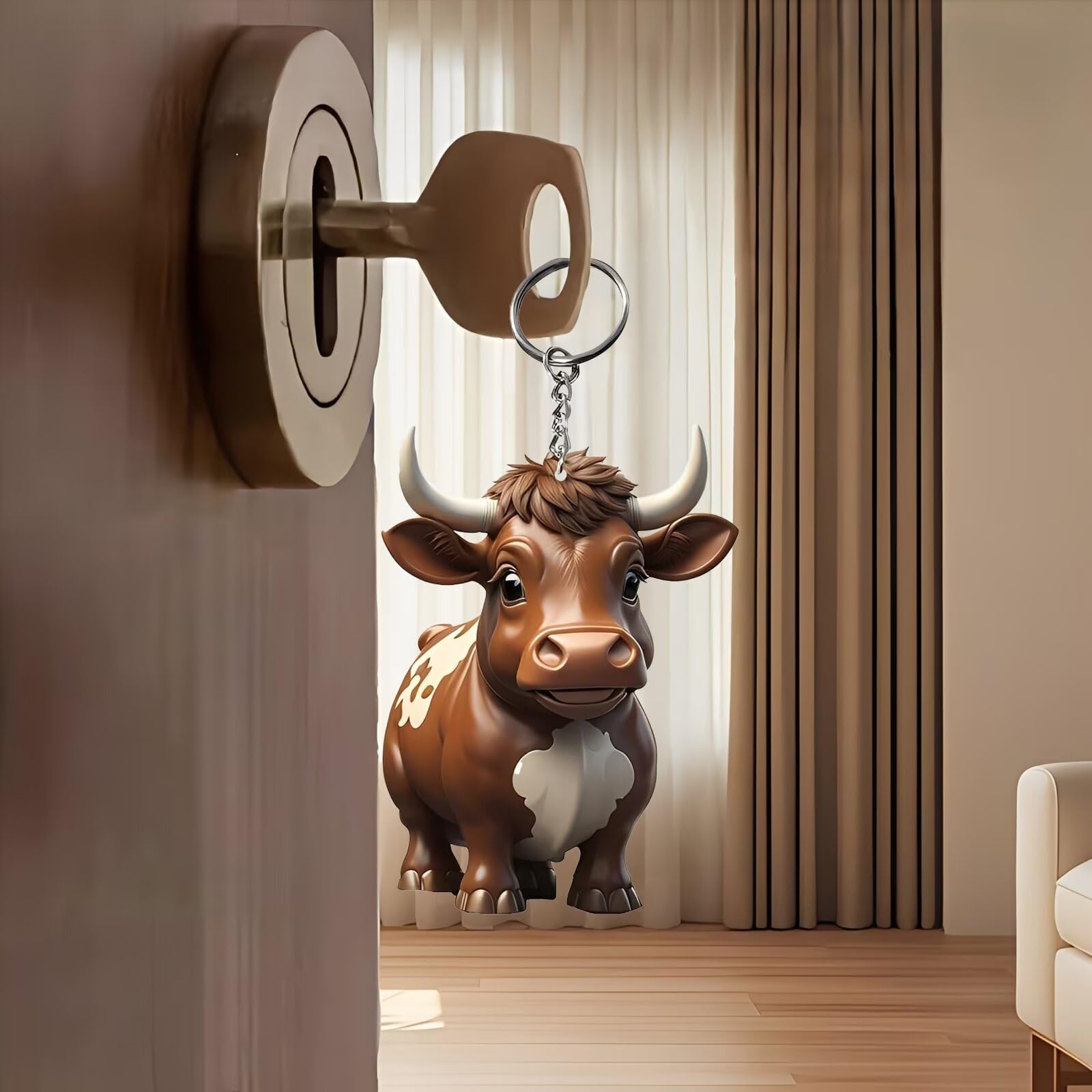 Cute Brown White Cartoon Cow Acrylic Keychain - Flat Printed Animal Keyring for Keys Bags Car Accessories Durable