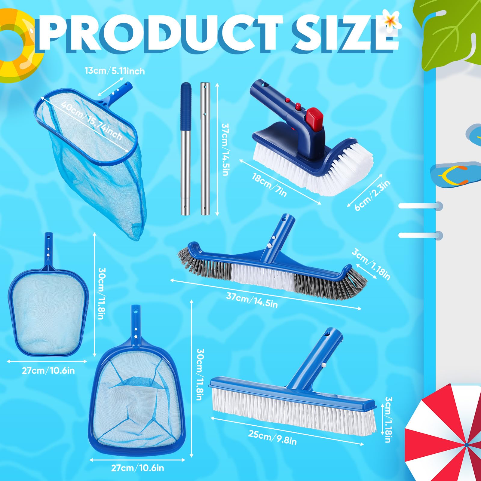 FillTouch Kit de limpieza de piscina de 7 piezas, cepillo de piscina con poste ajustable de aluminio de 5 pies para limpiar las paredes de la piscina, kit de limpieza ideal para piscina sobre el suelo