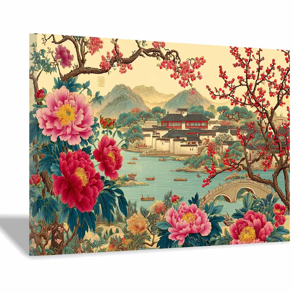 Xeniou Multicolor Flowers Canvas Chinese Landscapes Art Canvas Wall Art, For Living Room Bedroom Restaurant Home Office Wall Decoration(Multicolor)-70X100cm Framed