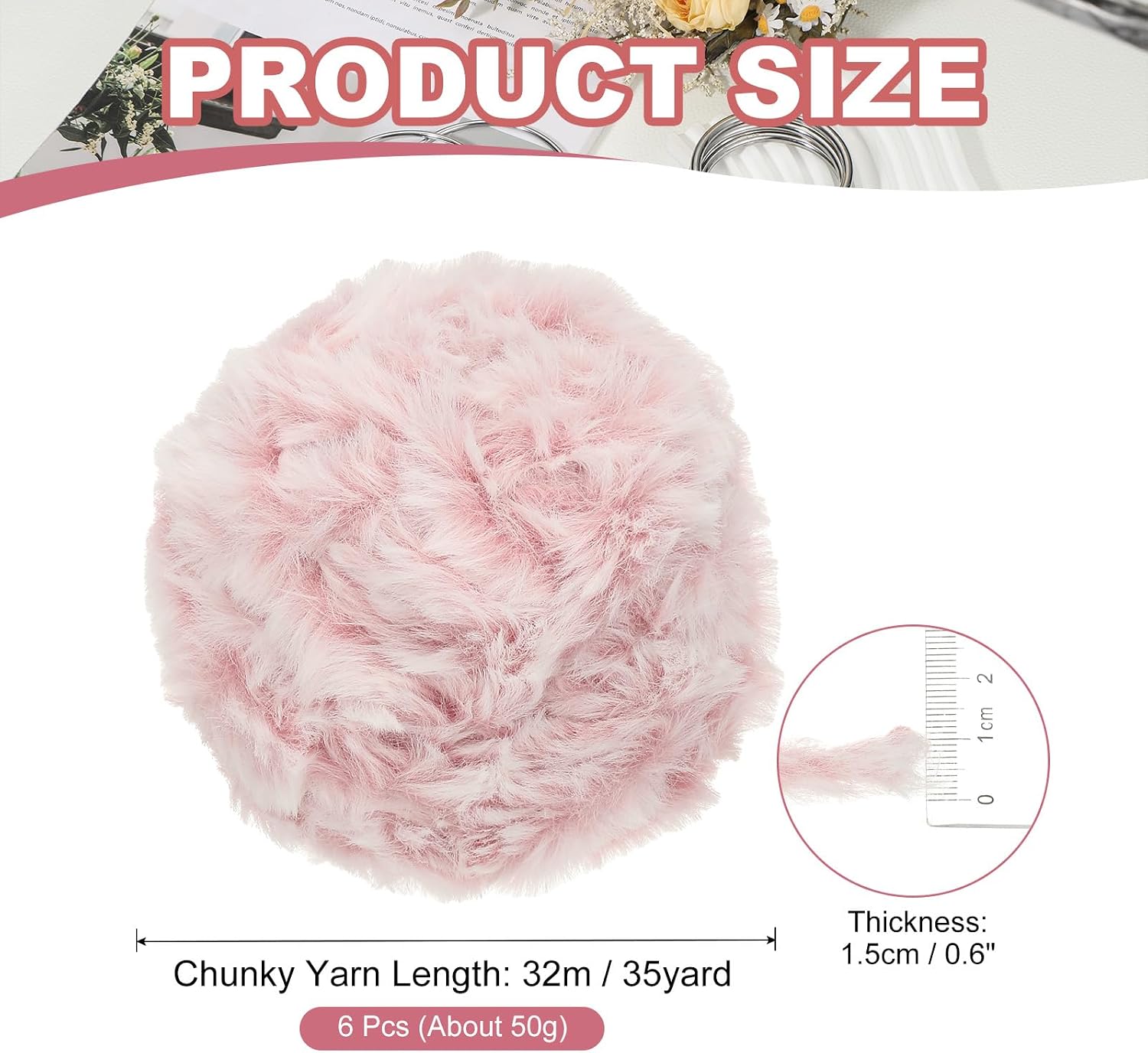 PATIKIL 35yds Faux Fur Yarn, 6 Skeins 0.8" OD 50g Soft Fuzzy Yarn Crochet Fluffy Chunky Polyester Plush Fur for Crocheting and Hand Knitting Shawls Hat Blanket Rug, Pink White