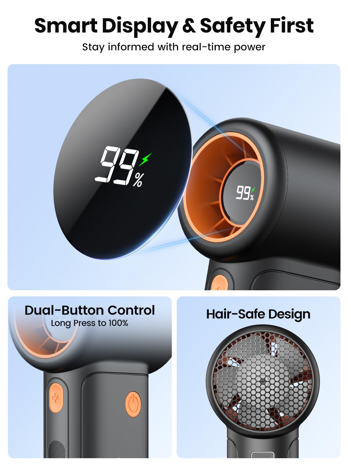 Warmco Ventilador de mano portátil turbo de 10000 mAh, 36 horas de funcionamiento, 5 velocidades, pantalla LED, mini ventilador personal recargable por USB para viajes y oficina, regalo de