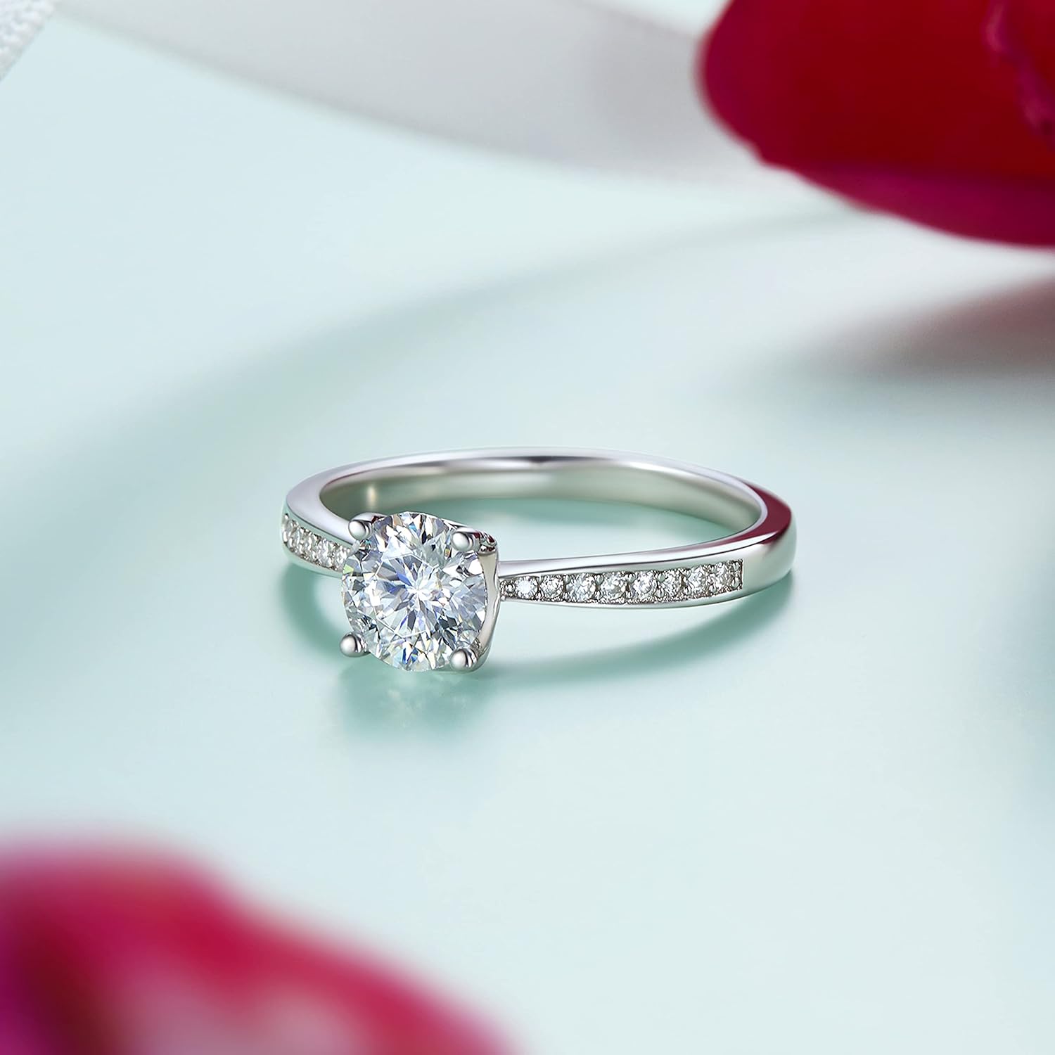 MomentWish Promise Rings for Her, 1Carat Moissanite Engagement Rings, D Color VVS1 Simulated Diamond 925 Sterling Silver Accent Rings