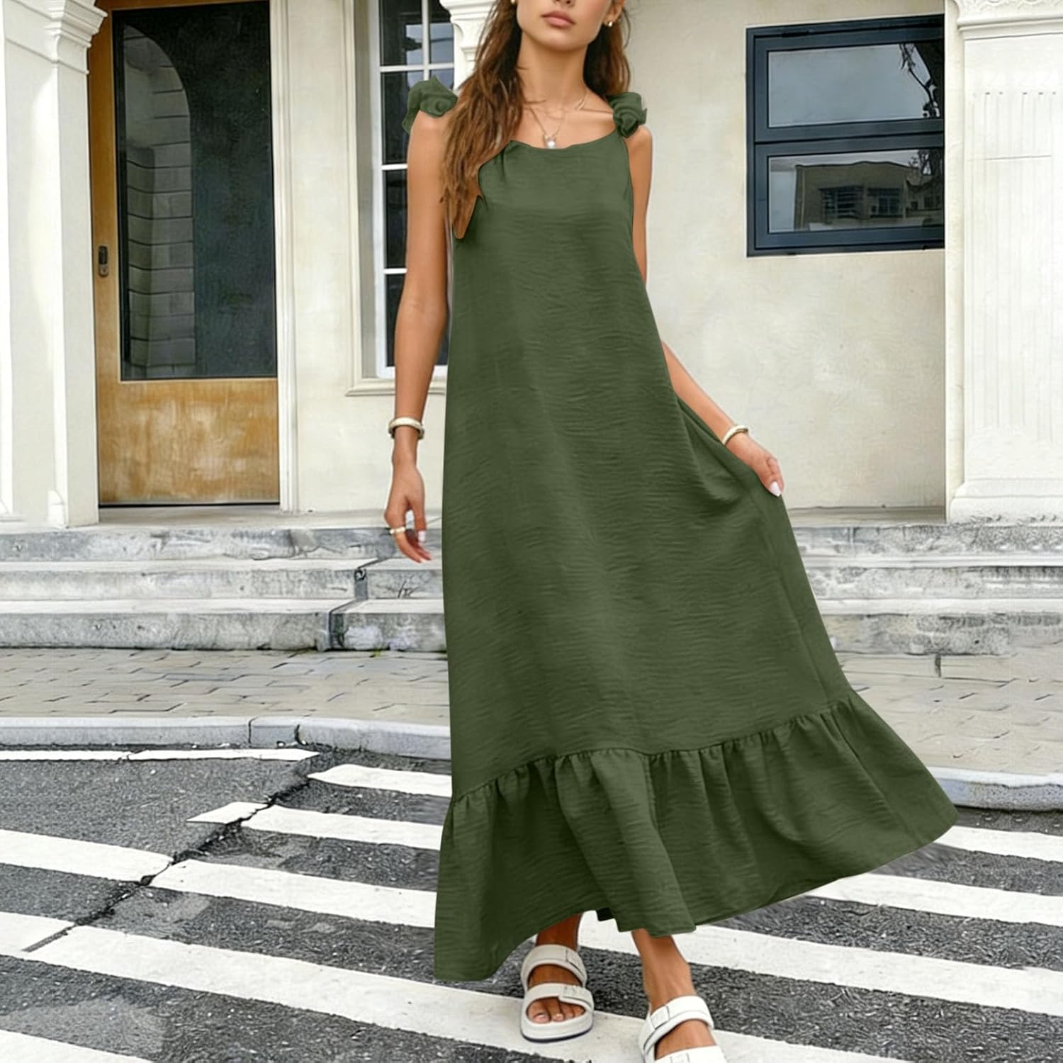 Backless Dress for Women Summer Maxi Casual Sleeveless Open Back Ruffle Hem Vacation Beach Long Dresses with Back Tie - Image 2