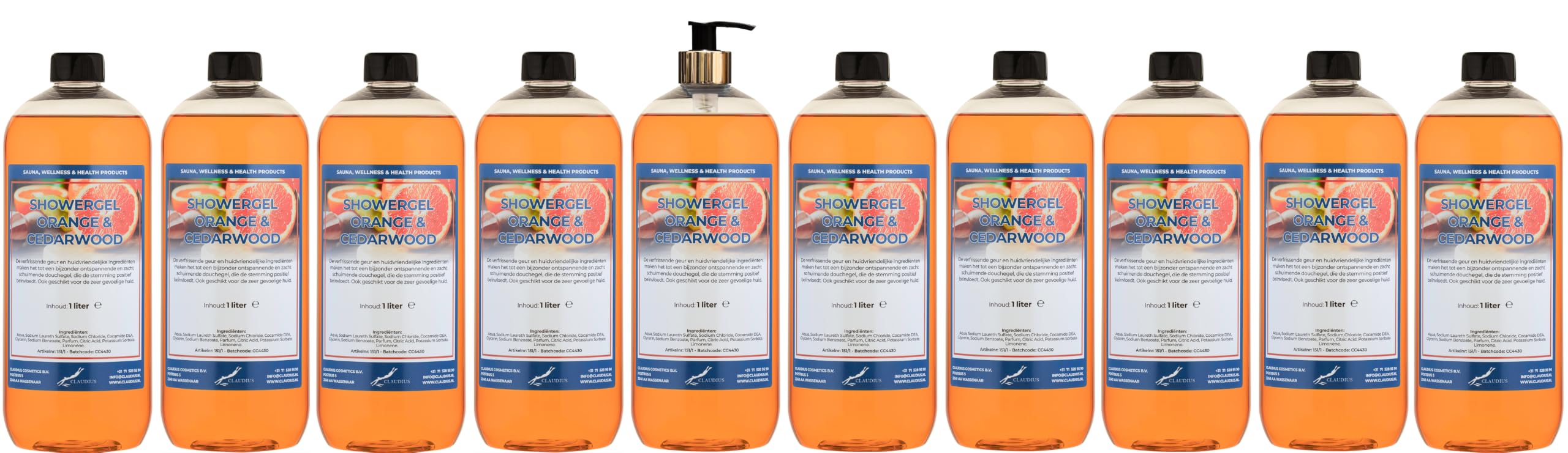 Duschgel Orange & Zedernholz 10 x 1 Liter mit Goldpumpe (transparent)