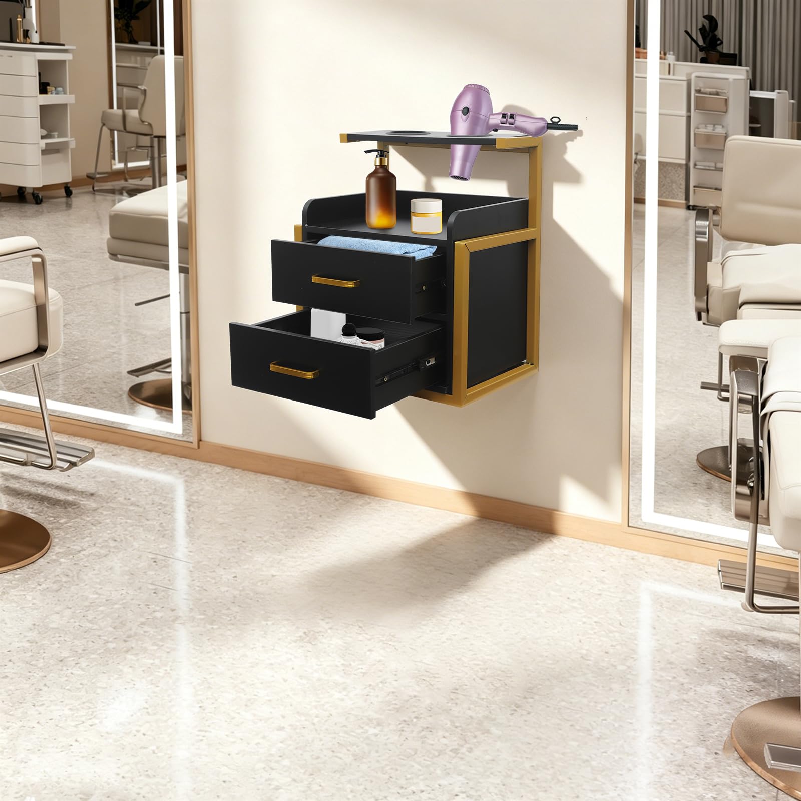 Armoire Murale pour Salon de Coiffure, Porte-Sèche-Cheveux & 2 Tiroirs
