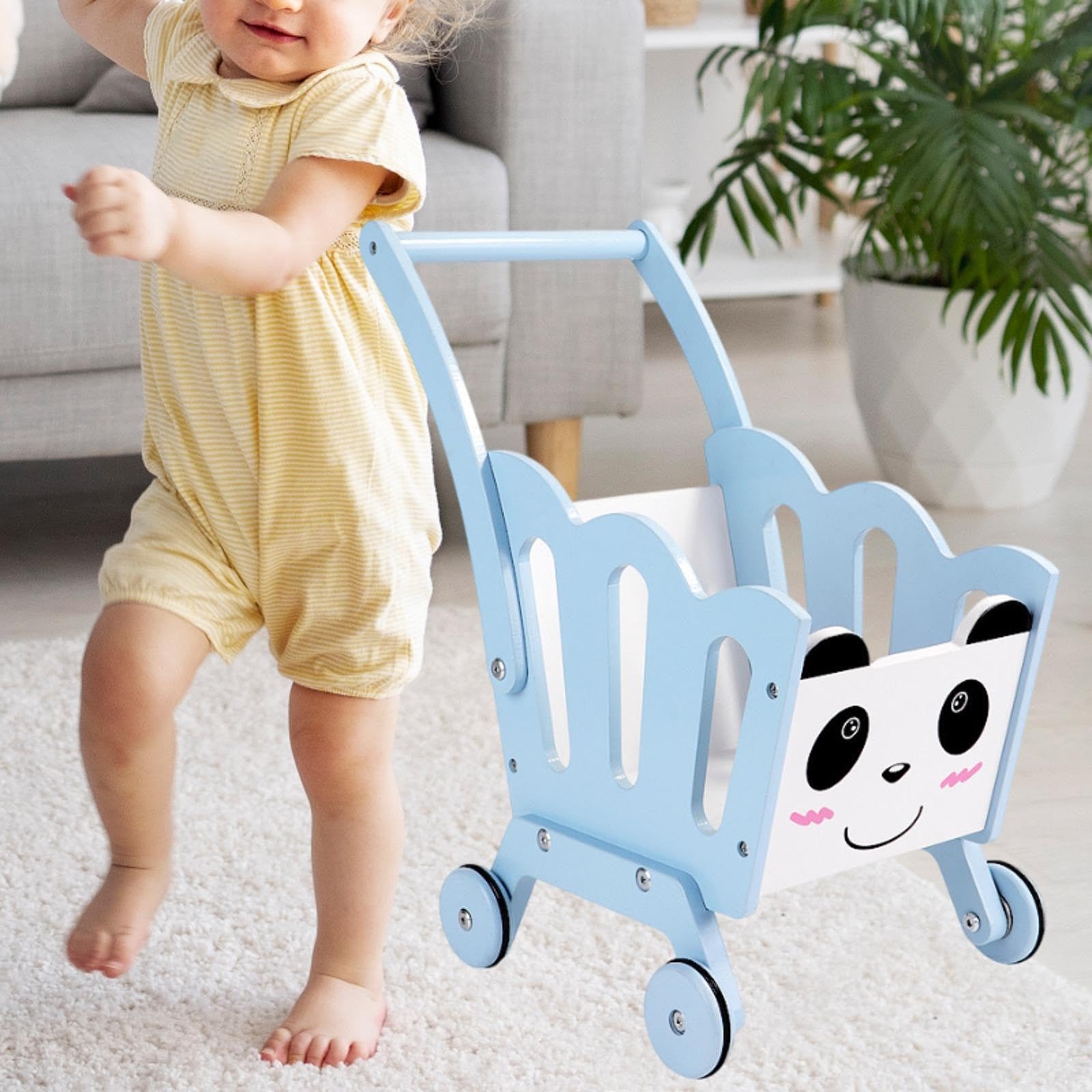 Einkaufswagen Kinder Spielzeug Lauflernhilfe Holzspielzeug Aufbewahrung Organizer für Rollenspiel Lernspielzeug Kinderzimmer, Blau