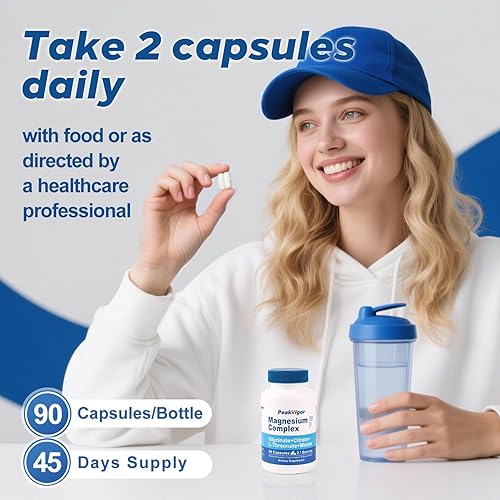 Miniatura 7 de PeakVigor Wellness Premium Suplemento de magnesio  Complejo de 976 mg con glicinato, citrato, malato, L-treonato y B6  90 cápsulas vegetales  45