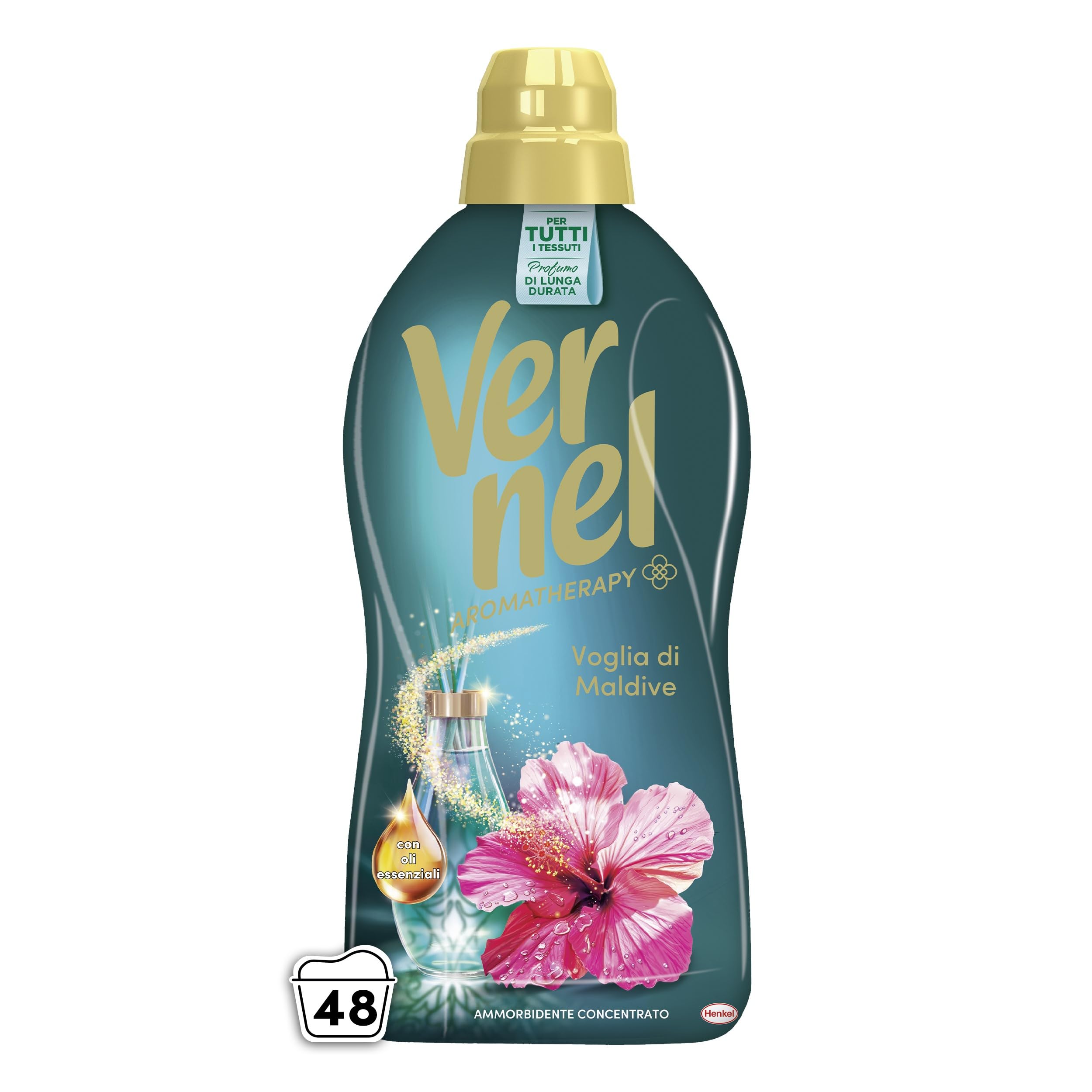 Ammorbidente Concentrato Vernel Aromatherapy Voglia di Maldive (10 x 48 lavaggi), Ammorbidente Concentrato per Tutti i Tessuti, Profumo di Lunga Durata con Oli Essenziali