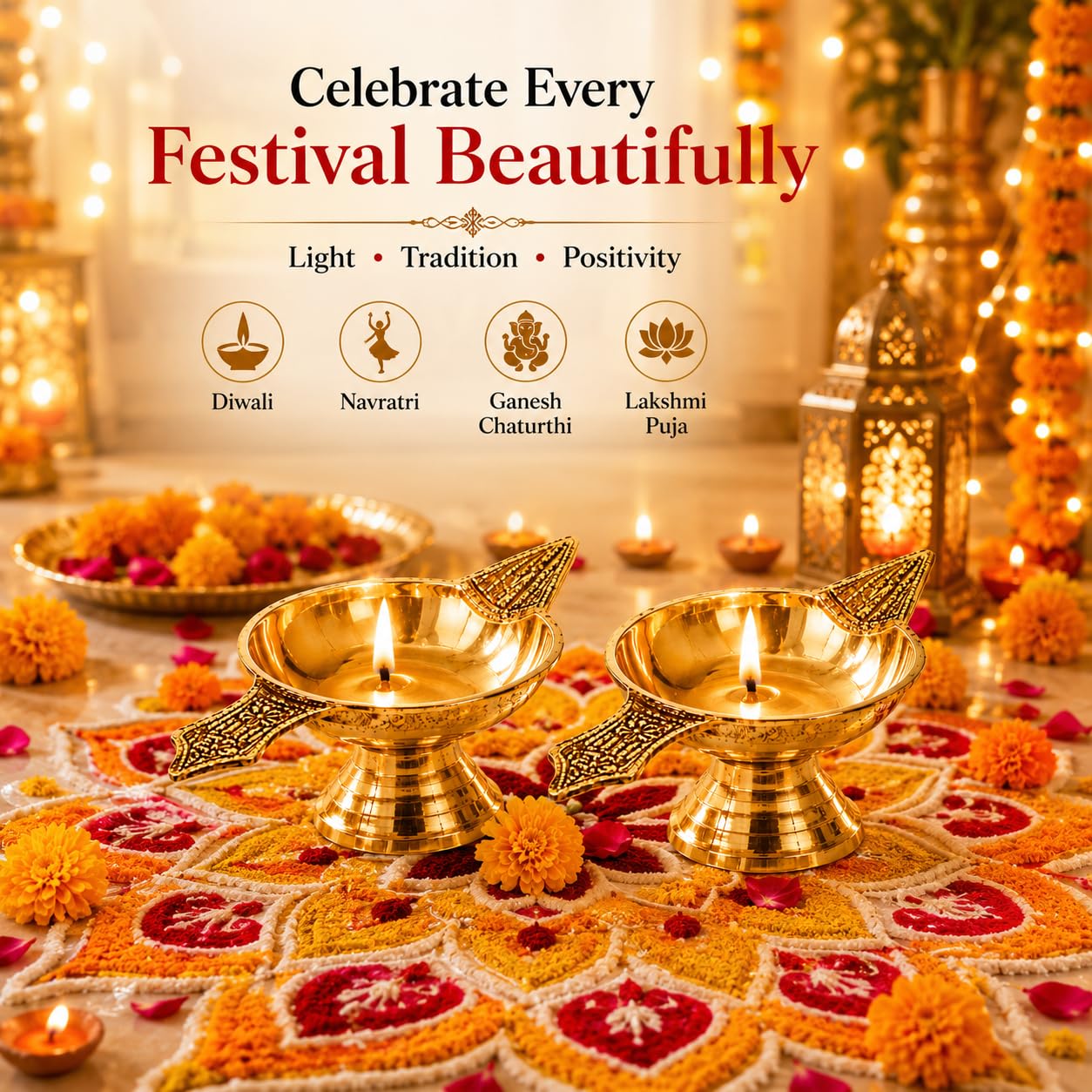 Kanshita's Rasoiware Golden Decorative Brass Diya for Puja Room, Home & Office | Traditional Oil Lamp for Mandir, Diwali, Ganesh Chaturthi, Housewarming & Festive Gift 3