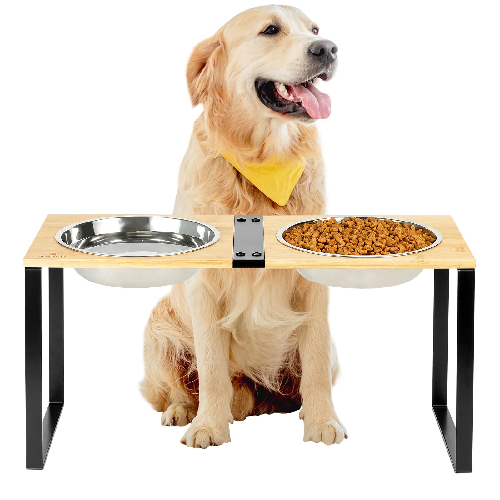 GUUSII HOME Comedero Perro Elevado Grande Soporte Cuenco y Bebedero Alto para Perros Grandes Medianos Elevador Comederos de Bambú con 2 Cuencos de Acero Inoxidable 1500ml Fácil de Montar 57.5*24*29cm