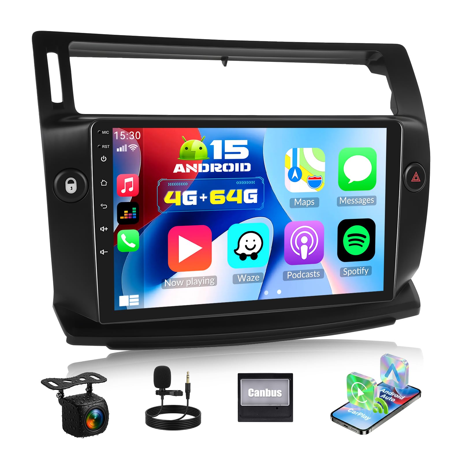 para Citroen C4 2004-2009, Android 15, 4G+64G GOHHDL Radio de Coche para Citroen C4 con Carplay Inalámbrico Android Auto, Radio Táctil de 9 Pulgadas 2Din con GPS WiFi Bluetooth FM/RDS SWC Cámara&Mic