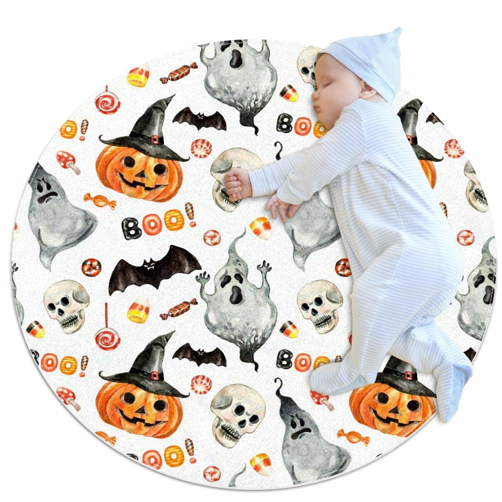 Halloween Pumpkin Ghost Skull Doormat Floor Mats Round Washable Non-Slip Entryway Area Rug for Living Room Kitchen Bedroom Home Decor 2.62'
