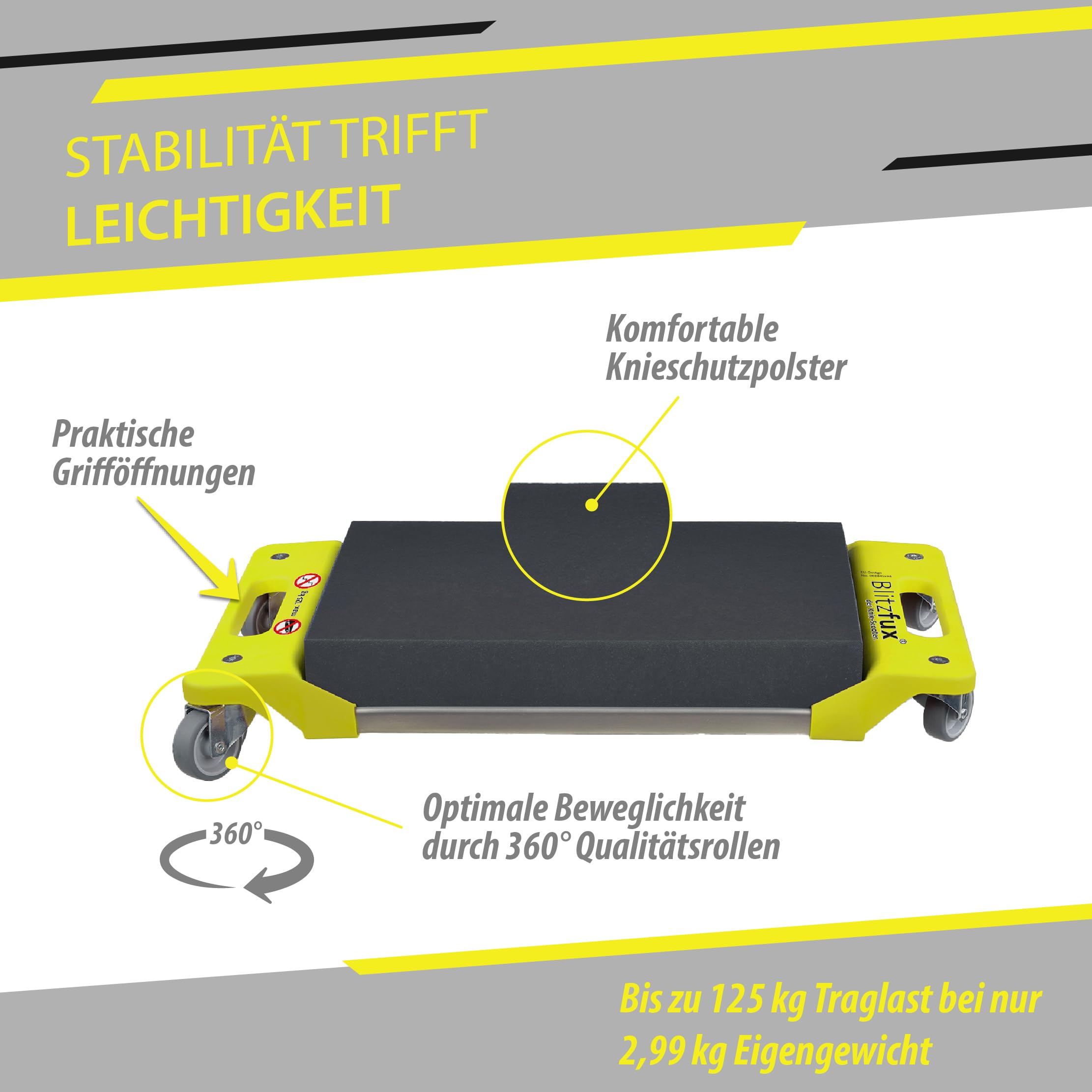 Hybrid Kniepolster mit Rollen – Knieroller bis 125kg belastbar - Der All-in-One Bauhelfer für Profis und Heimwerker: Fliesenlegen, Bodenverlegen, Malen – Mühelos und Effizient!