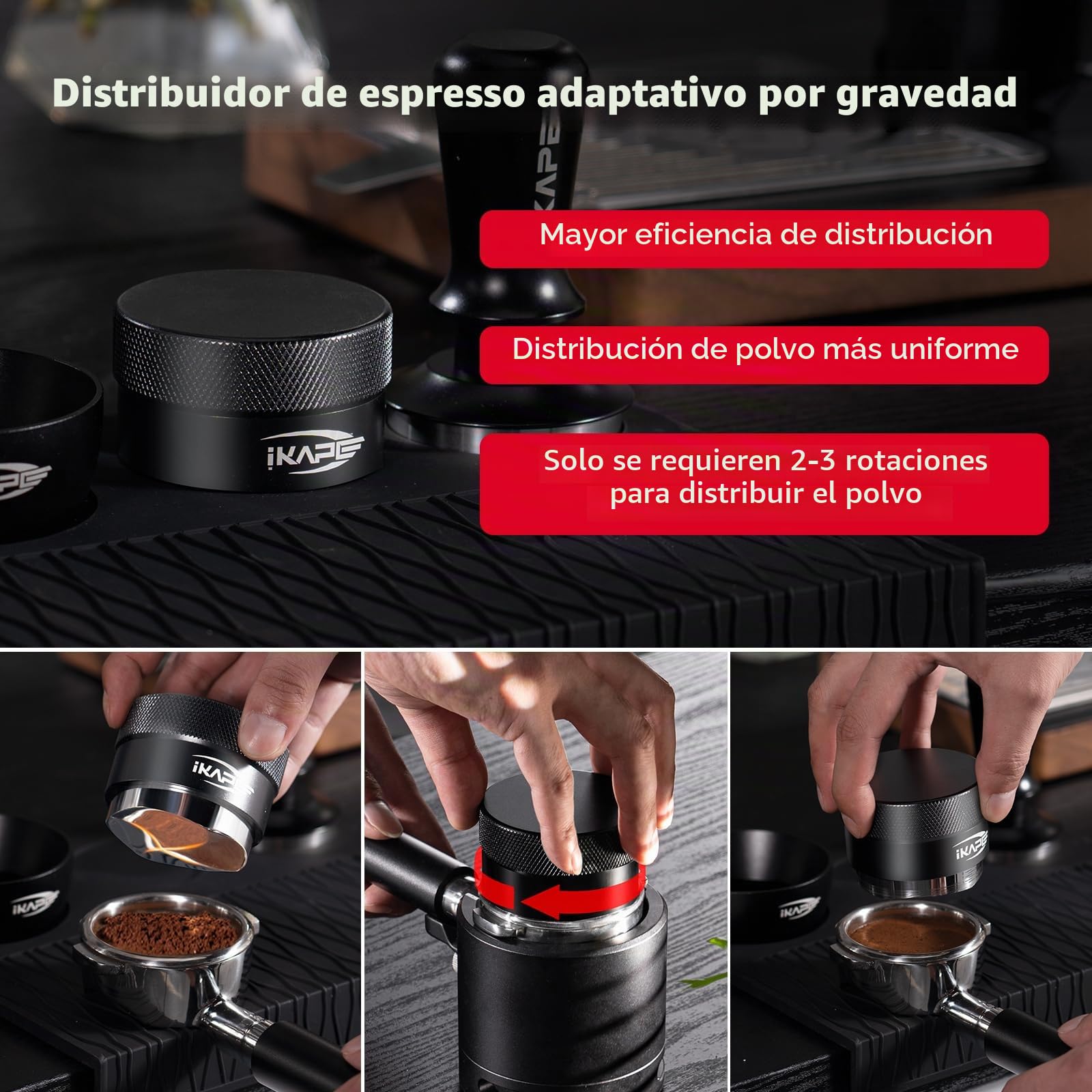 IKAPE Coffee Products, Distribuidor de café de 51 mm, distribuidor de espresso adaptable a la gravedad que se adapta a todos los portafiltros de espresso de 51 mm, compatible con portafiltro sin fondo