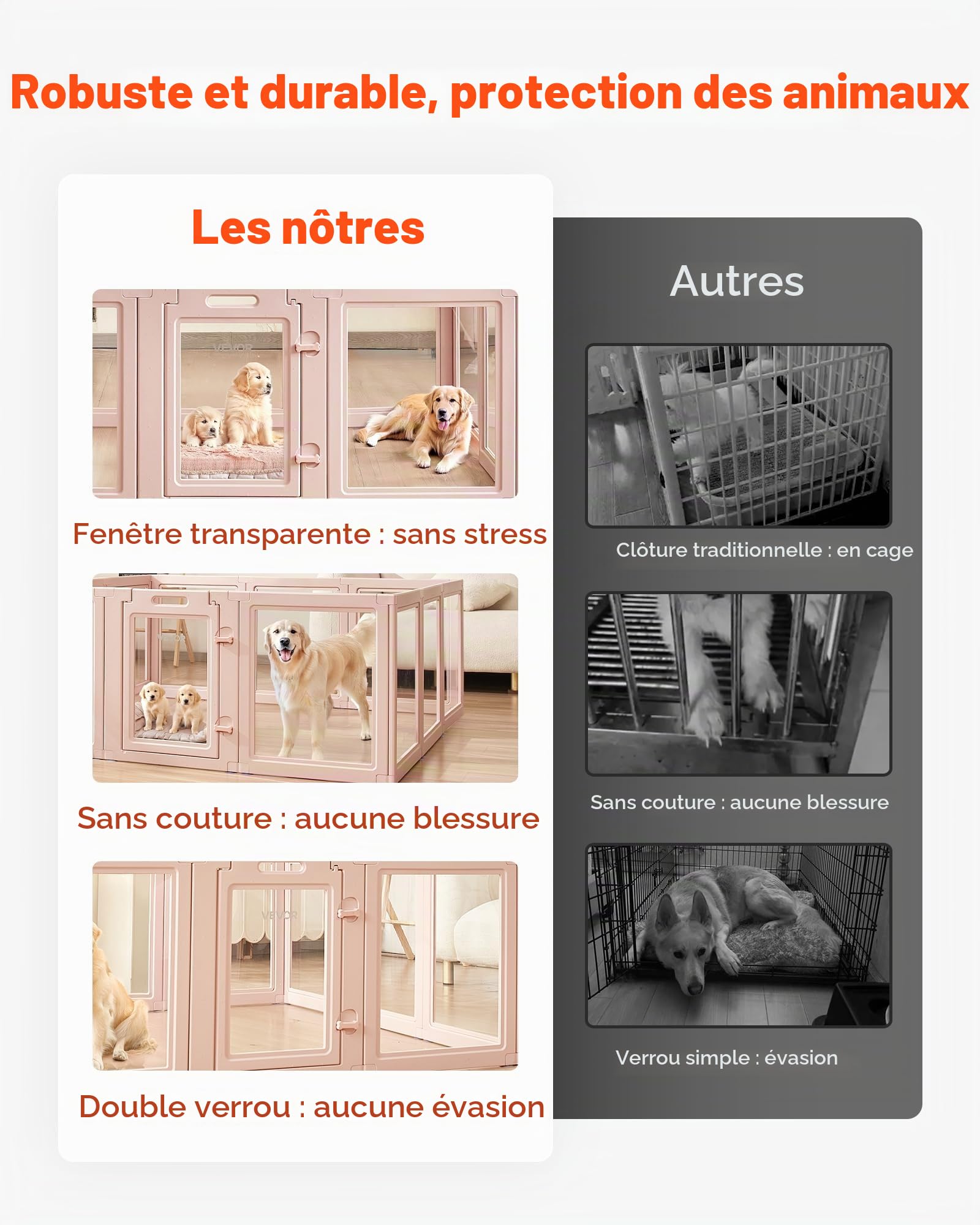 VEVOR Parc de Mise Bas pour Chien, 154 x 150 x 60 cm, Caisse de Mise Bas pour Chiots, avec Fenêtres Transparentes et Serrure, Cadre Rose Clair, Kit Naissance Durable pour Chiens de Très Grande Taille