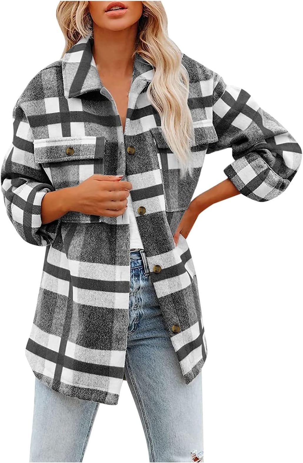 Womens 2023 Plaid Shacket Jacket Button Down Trench Coats Wool Blend Peacoat Belted Outwear with Pockets Plaid Shacket