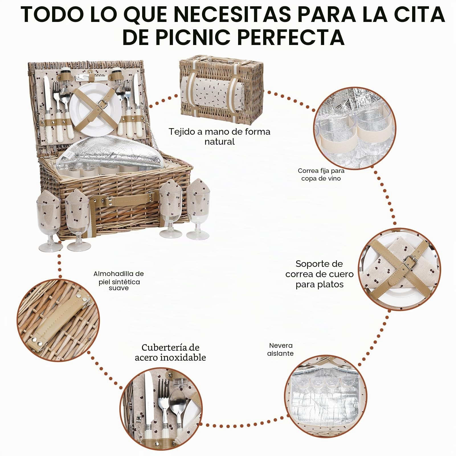 Juego de Cesta de Picnic Willow para 4 Personas con Bolsa térmica Grande y Manta Impermeable de Picnic, Cesta de Mimbre para Camping, al Aire Libre, día de San Valentín, Navidad, cumpleaños, etc.
