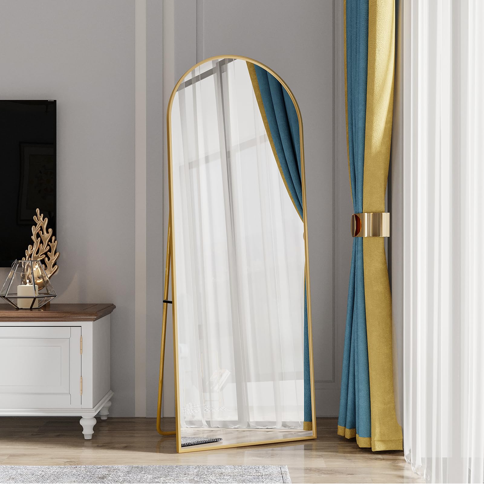 Specchio Curvo 162x53 cm, Minimalista con Piedi, Grande Specchio da Terra a Figura Intera, Bombato e Sospeso, Ellittico, per Camera da Letto Soggiorno Ingresso, Dorato
