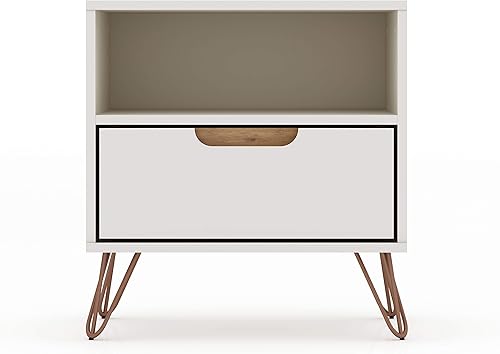 Manhattan Comfort Rockefeller - Mesita de noche moderna de mediados de siglo con 1 cajón 2008 pulgadas blanco rotonaturaleza