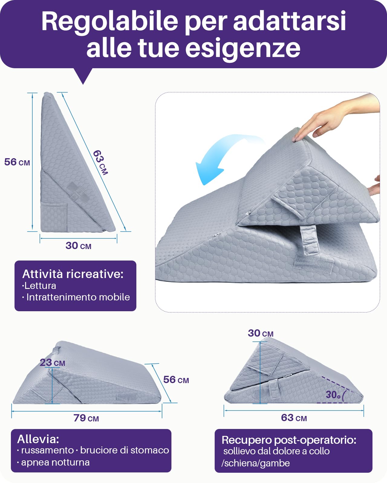 Kekoy Cuscino Antireflusso Adulti Regolabile: Aiuta Contro Apnea Notturna, Reflusso Acido, Mal di Schiena, Russamento | Cuscino a Cuneo Memory Foam, Fodera Lavabile, Maniglia - Grigio, 23 e 31 cm